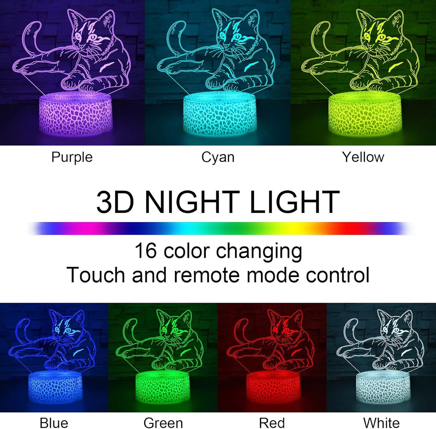 i-CHONY Cat Gift 3D Illusion Lamp,Cute LED Night Light,with Remote & Smart Touch 16 Colors Bedroom Decorations Bedside Lamp - Cat Love Gift for Women Teens Girls Kids Birthday Christmas