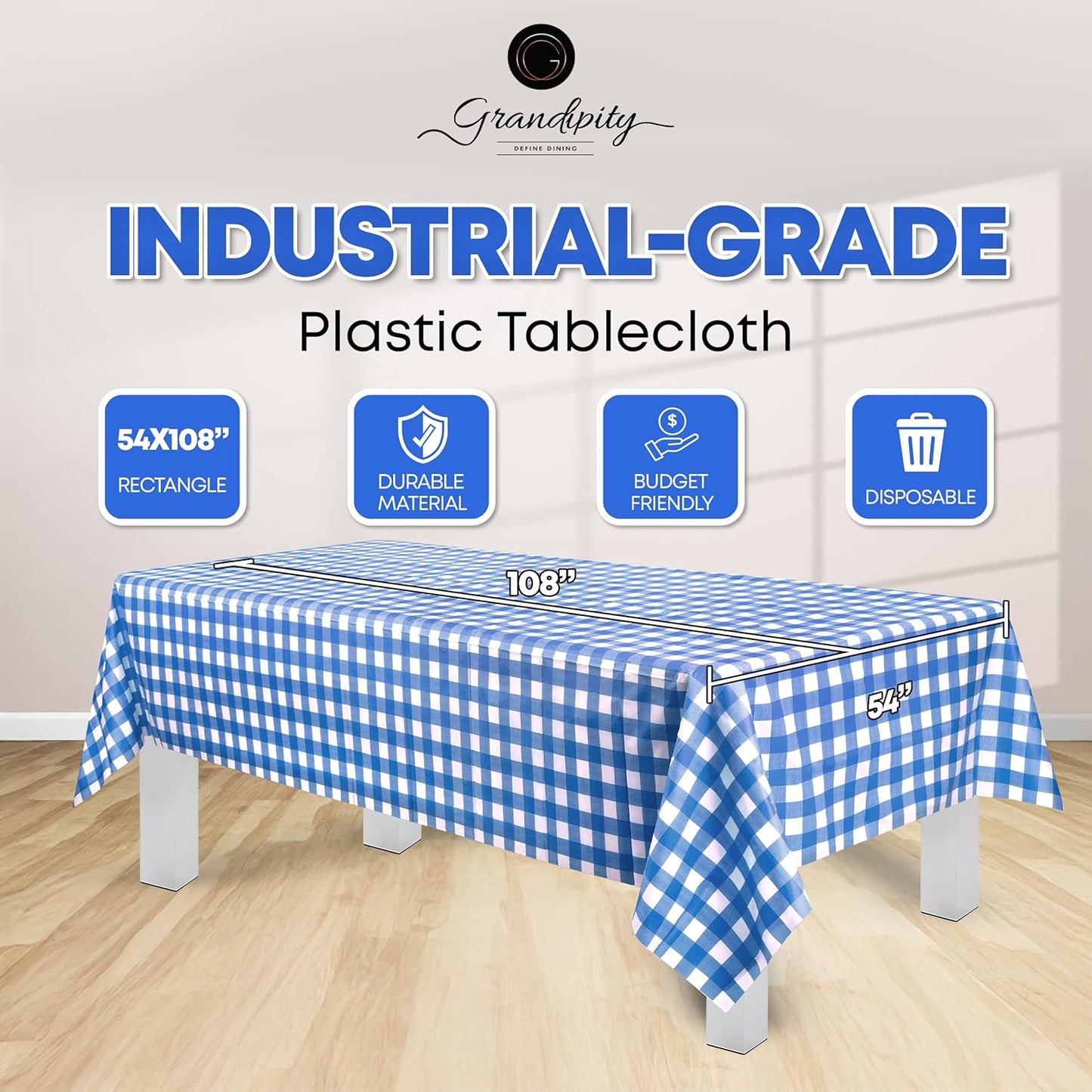 Grandipity 12 Pack Premium Disposable Plastic Picnic Tablecloth 54 Inch. x 108 Inch. Decorative Rectangle Table Cover - Blue Checkered Gingham