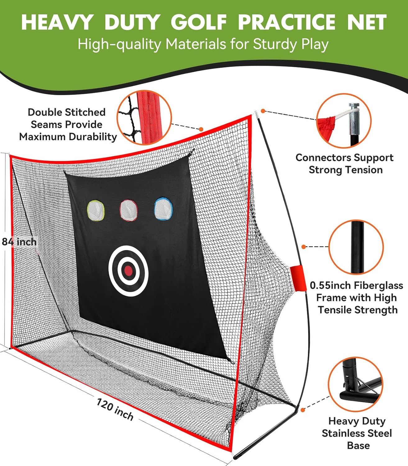 Golf Net: 10x7ft Heavy Duty Golf Practice Net for Indoor/Outdoor Training, Portable Golf Hitting Net with Carry Bag, Ideal Golf Training Aid for Golfers Backyard Driving Chipping Swing (Standard)