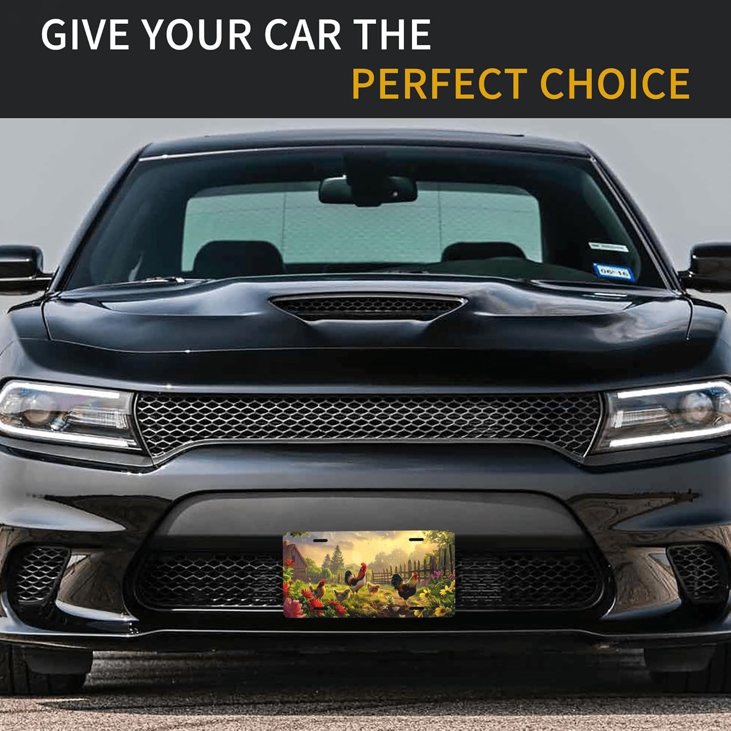 Rustic Flower Animal Chicken Front License Plate for Car Designs Stainless License Plate Cover Holder for Men Women Metal Aluminum Decorative Accessory Vanity Tag Standard 6 X 12 Inch (4 Holes)