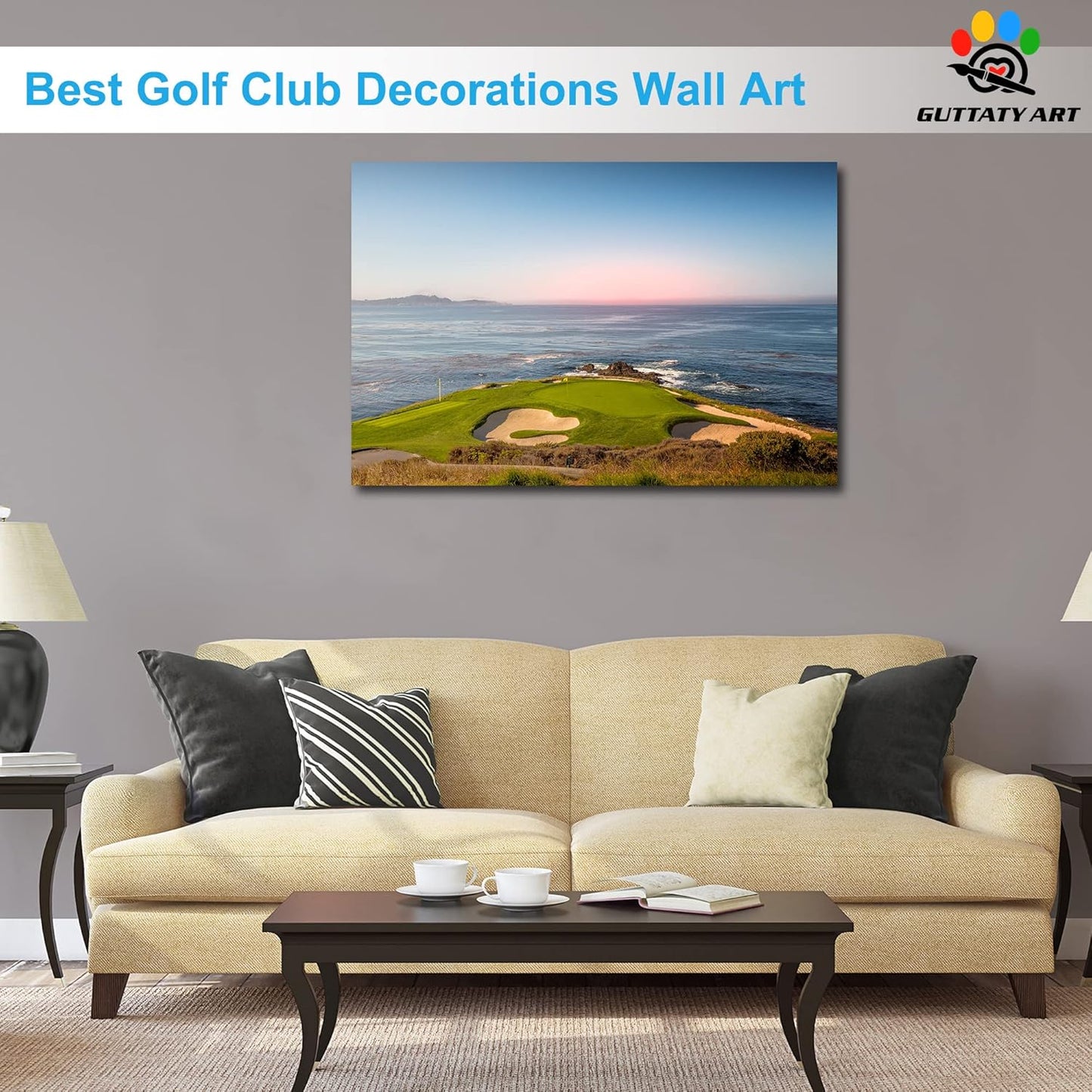 Golf Canvas Wall Art, Pebble Beach Golf Links Painting Prints for Living Room Wall Decor, Men's Sports Golf Course Poster Picture for Bedroom Decor, Framed Artwork for Office Home Decor 32x48 Inches