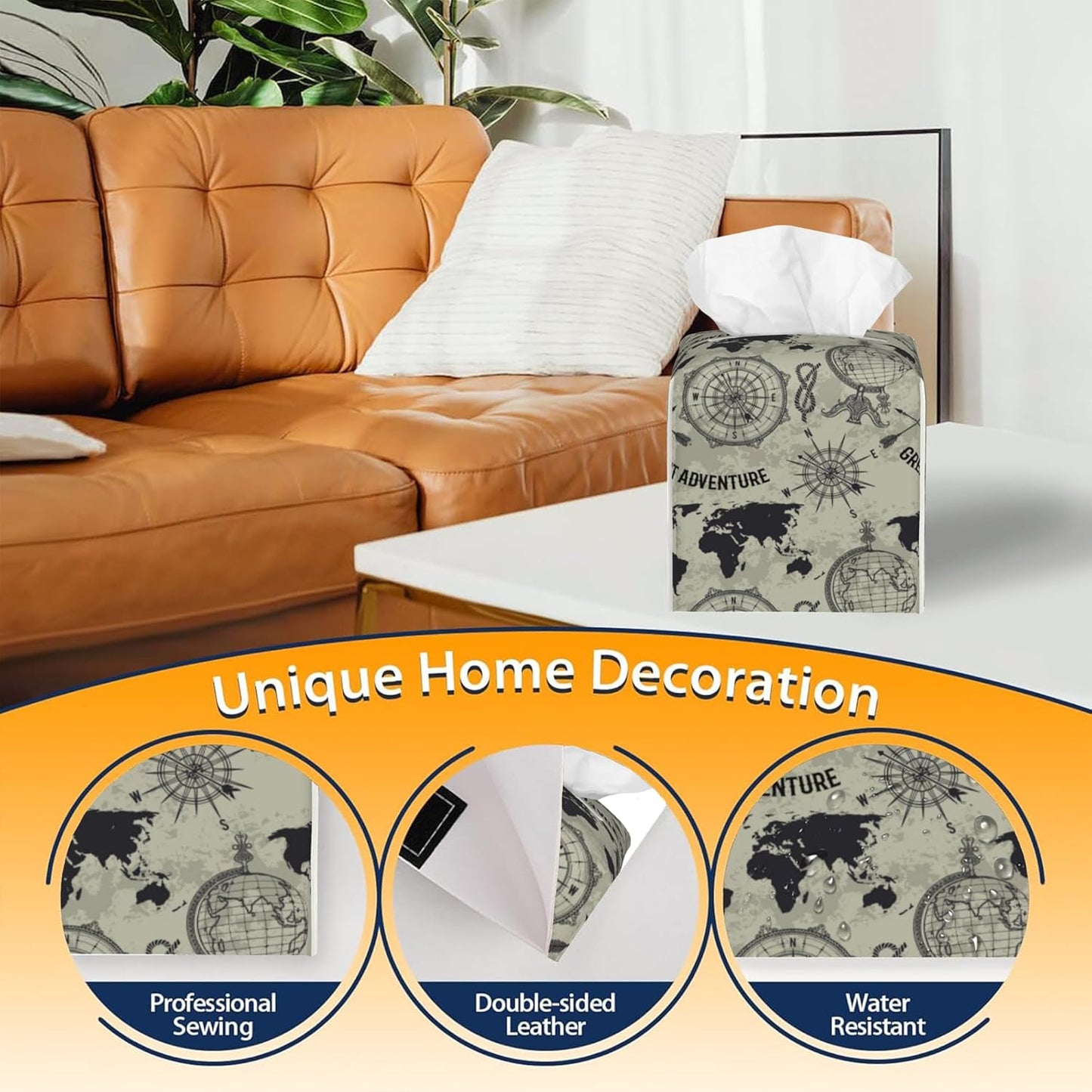 Tissue Box Cover Square,Retro Globe World Map Tissue Box Holder Waterproof Leather Facial Paper Case Modern Home Decoration for Bedroom Dresser Night Stand Office Desk