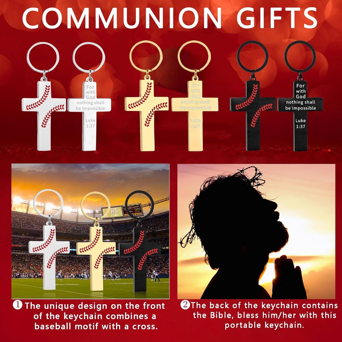 Football/Baseball/Soccer/Basketball Cross Keychains for Men First Communion Baptism Confirmation,Mens Gifts