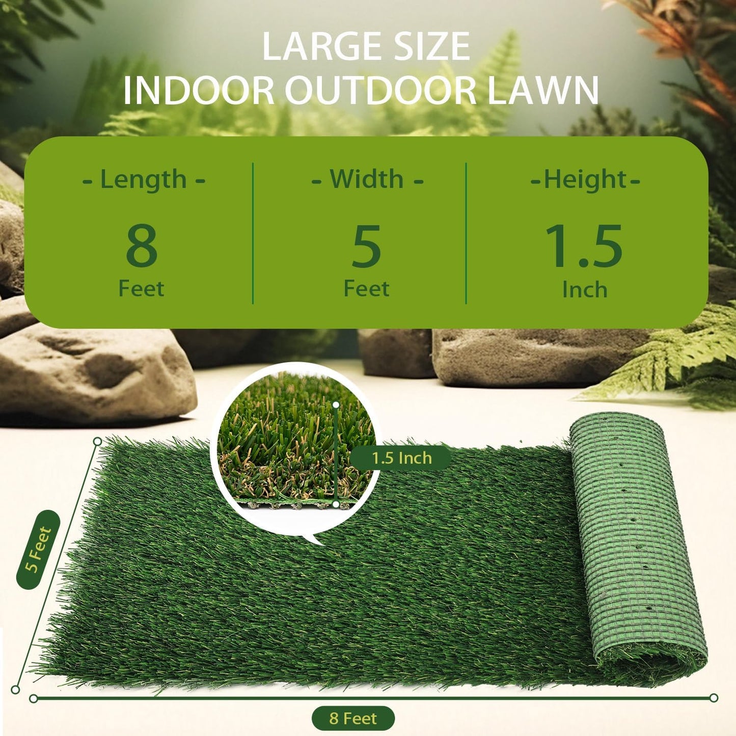 Artificial Grass Rug Outdoor Indoor,1.5 in Thick,Fake Grass Carpet Synthetic Turf Rug Realistic Turf Rug for Garden,Balcony,Patio with Drainage Holes (5FTX8FT)