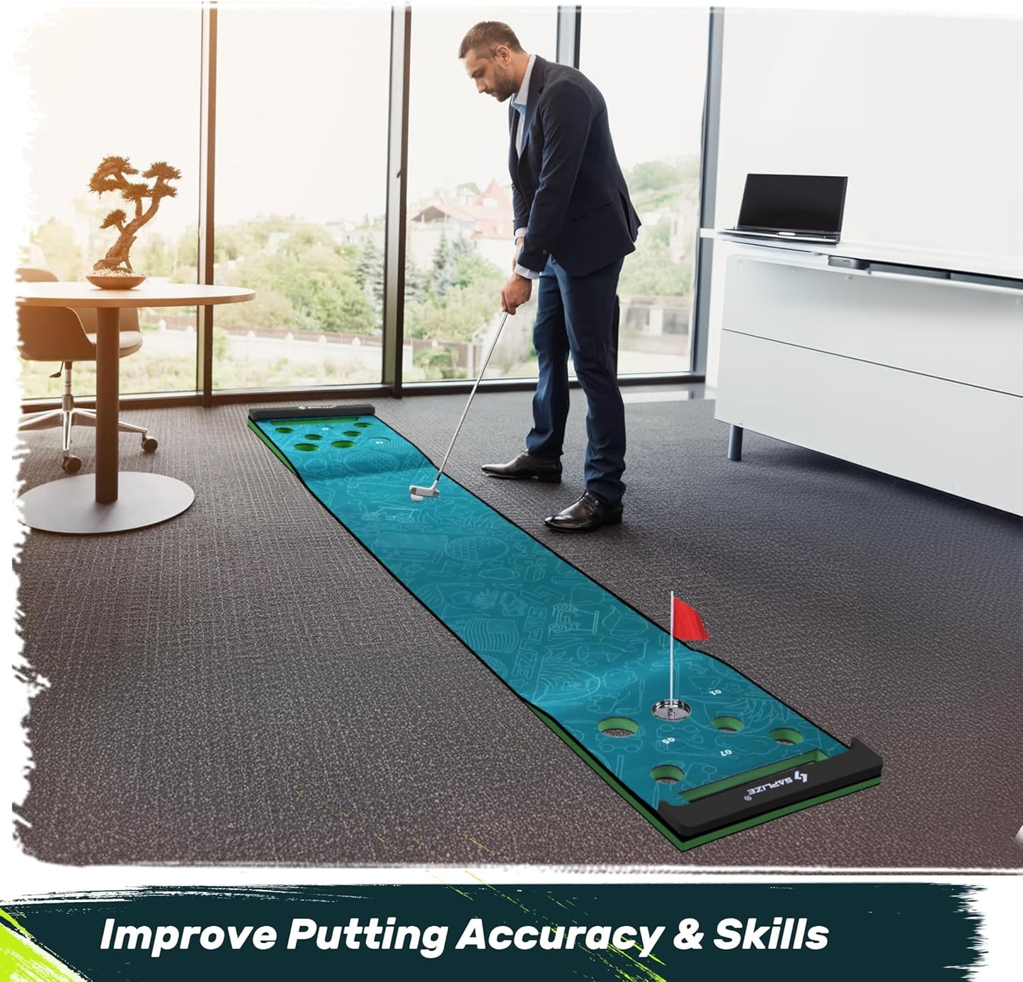 SAPLIZE Golf Putting Mat/Putting Green Mat - Adjustable Slope, Trajectory Tracking & Pong Game Modes | Indoor & Outdoor Use