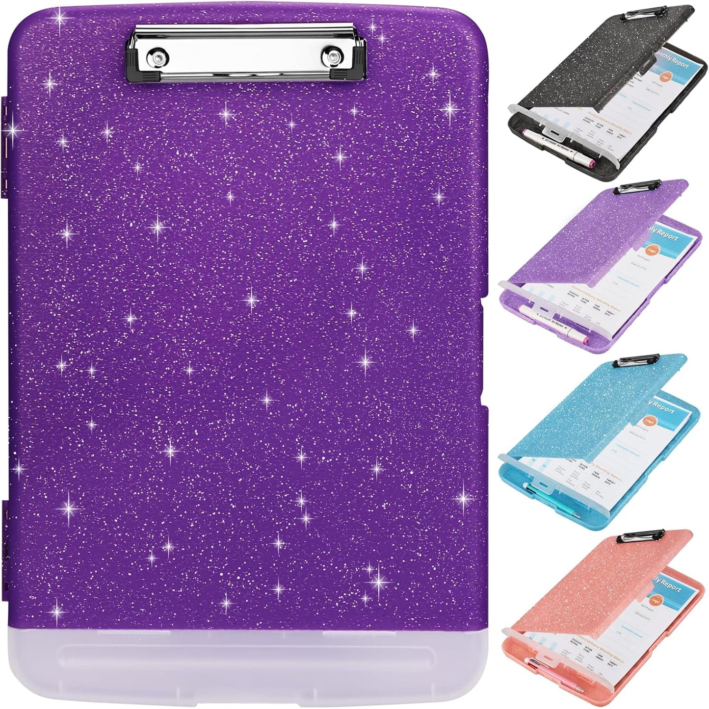 Glitter Clipboard with Storage,Storage Clipboard with Pen Holder,A4 Binder Clip Boards 8.5x11 with Low Profile Clip,Side Opening Sparkle Clipboards, Clipboards Folder for Office Supplies-Dark Purple