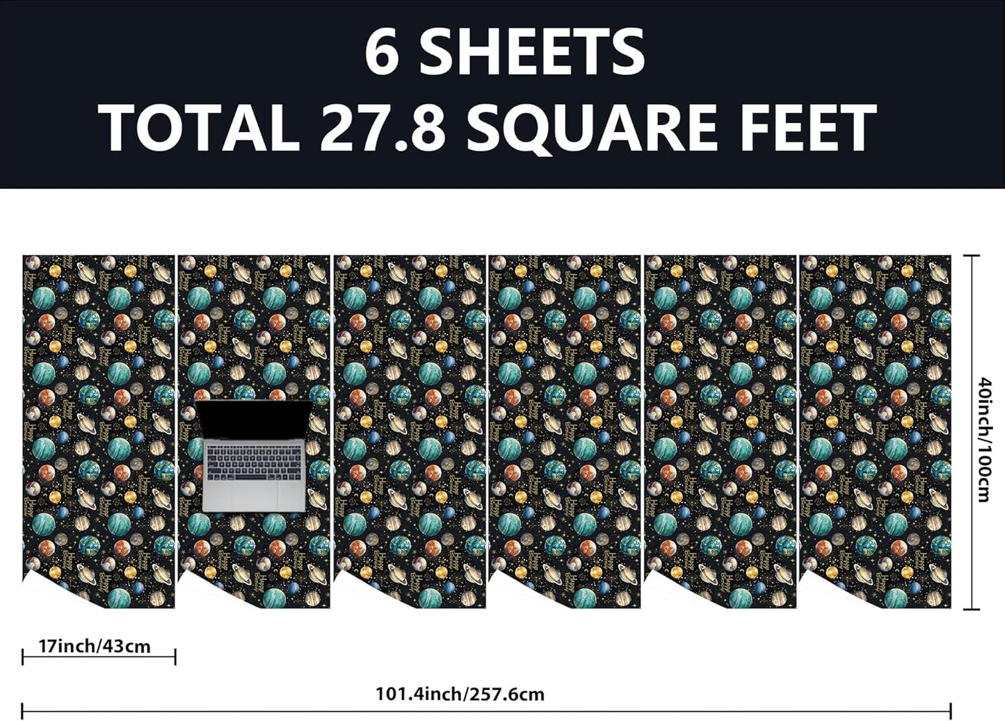 Vnaaem Space Wrapping Paper Roll for Boys Girls Kids - Solar System Planets & Happy Birthday Galaxy Gift Wrap for Kid's Birthday Baby Shower Holiday Craft DIY Party - 17 in x 20 ft(Total 28.5sq.ft)