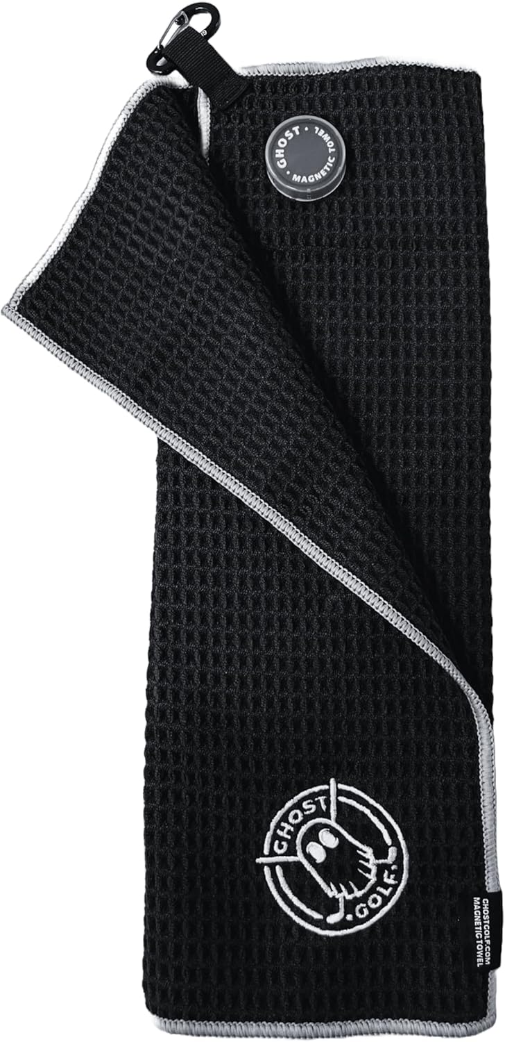 Ghost Golf Magnetic Towel (Greenside) - Premium Ultra-Absorbent Microfiber Golf Towel with Magnet for Golf Carts or Clubs - 18" x 18" Golfing Gear - Waffle Weave Pattern (Black)