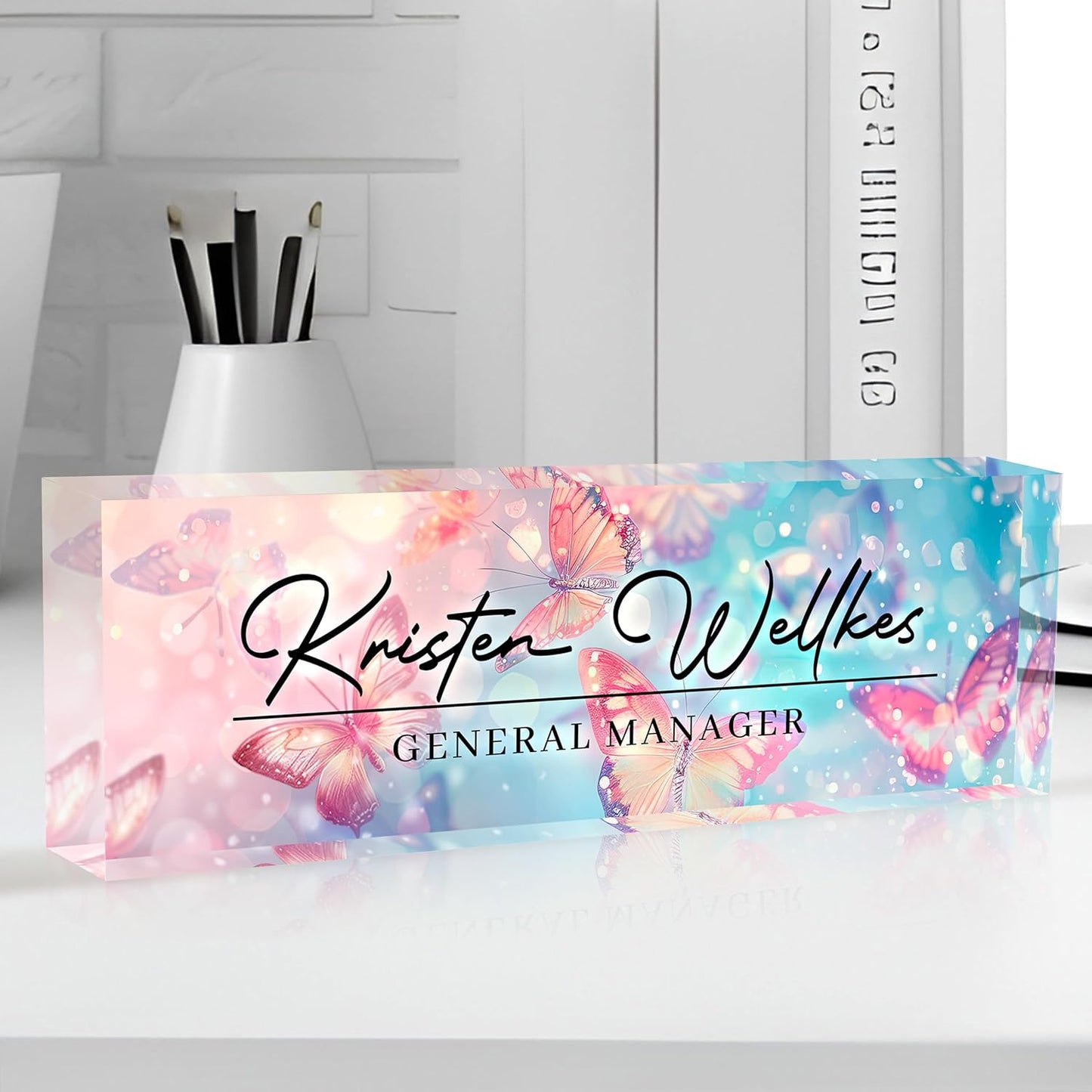 Personalized Name Plate for Desk Custom Acrylic Desk Name Plate Custom Employee Appreciation Gifts Office Gifts for Women, Men, Boss, Coworkers, Teacher, Nurse (Pink-Blue Butterfly)