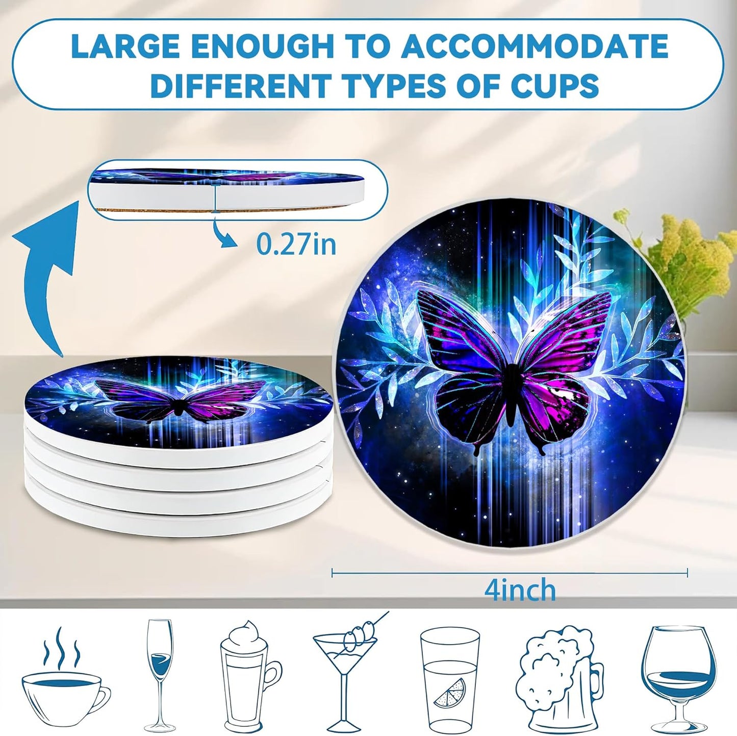 Drinks Coasters Set of 4, Magic Butterfly Round 4" Cup Coasters, Absorbent Ceramic Stone Coasters with Cork Base, Cute Coasters for Table Home Décor, Ideal Gifts for Women Men