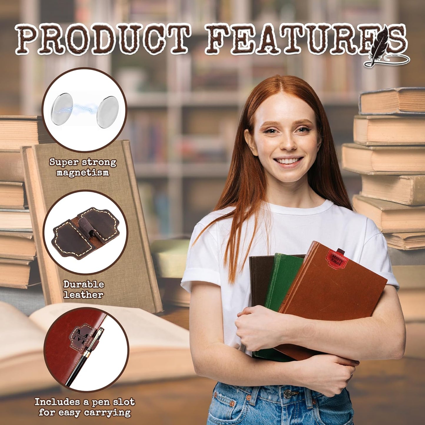 Personalized Magnetic Leather Bookmarks with Pen Holder Custom Vintage Book Accessory with Name Logo Text Icon Christmas Gifts for Readers Men Women Kids Lovers