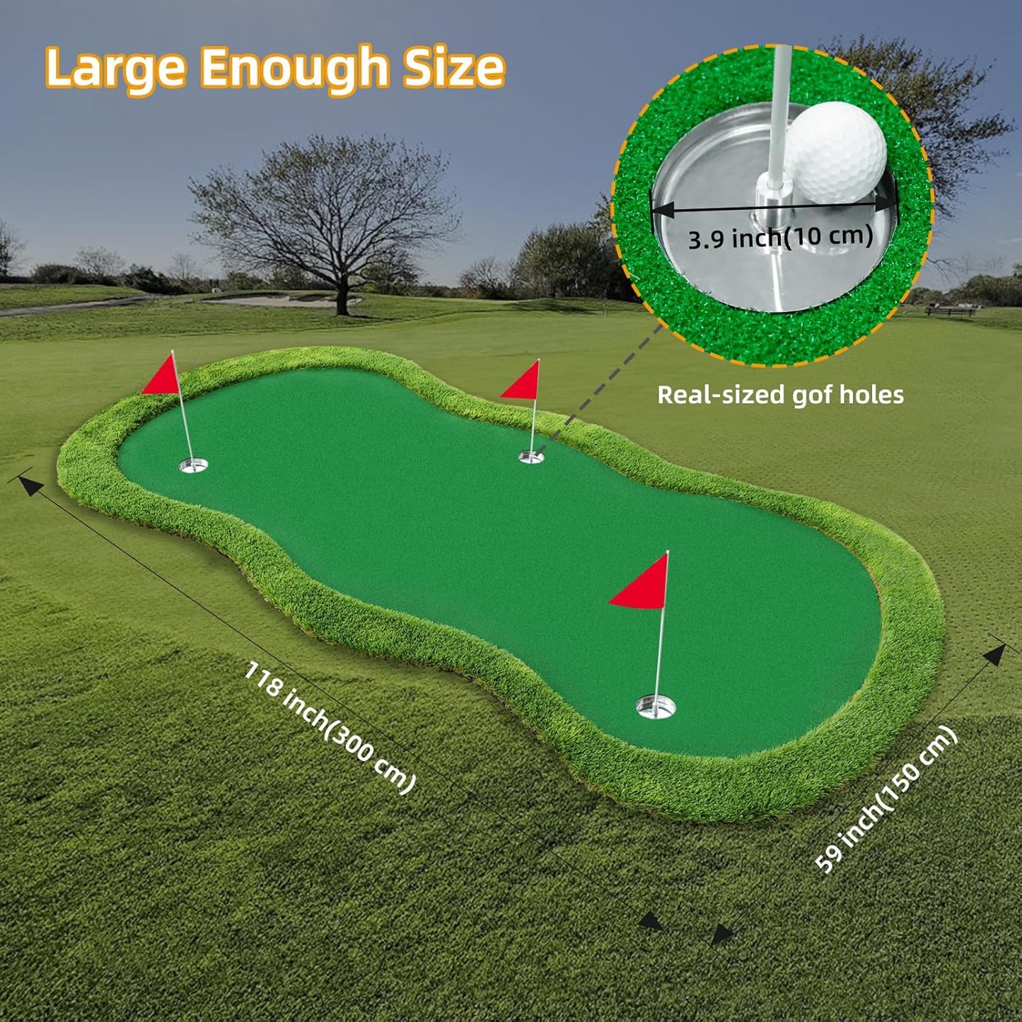 Roykaw Golf Putting Green - 5 x 10 Ft. Putting Mat, Professional Training Aid for Indoor & Outdoor, Green Mat w/ 3 Holes, Flags, Slope Sponges