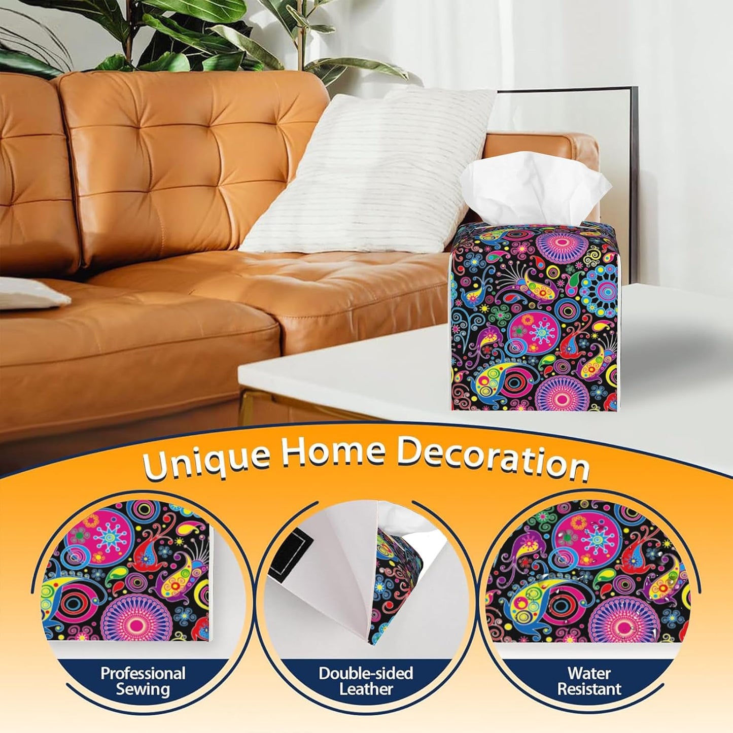 Tissue Box Cover Square,Boho Mandala Flowers and Paisley Tissue Box Holder Waterproof Leather Facial Paper Case Modern Home Decoration for Bedroom Dresser Night Stand Office Desk