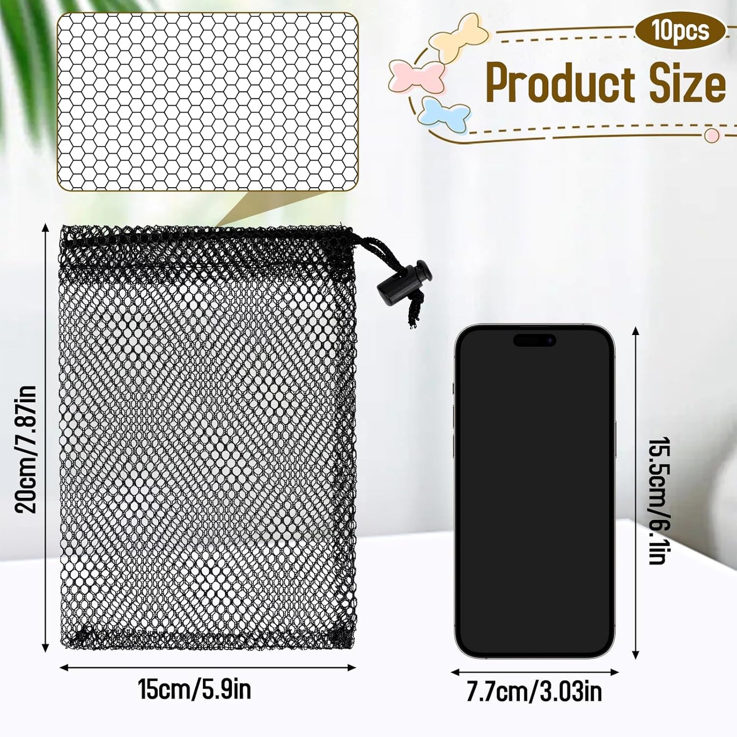 Sliverdew 10PCS Small Mesh Bags Drawstring Black Nylon Mesh Drawstring Bag Mini Mesh Pouch Bag Nylon Net Bags with Drawstrings Small Travel Stuff Bags Sacks 6 x 8 inch