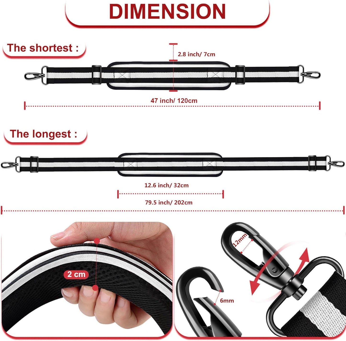 ZINZ 79.5" Universal Bag Strap with Ultra-Thick Fixed Breathable Pad Adjustable Heavy-Duty Shoulder Strap for Laptop Bag Crossbody Luggage Gym Bag Camera Bag and More -TW01B03