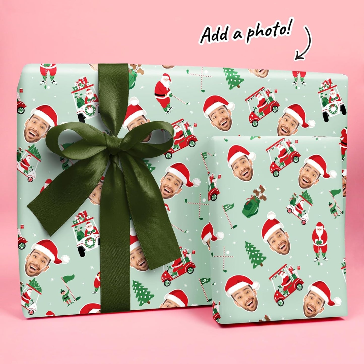 Big Dot of Happiness Custom Photo Golfing Santa Wrapping Paper, Personalized Golf Christmas Holiday Gift Wrap Roll, Funny Santa Hat Fun Face Christmas Gift Paper, 24 in x 7 feet, 2 Rolls