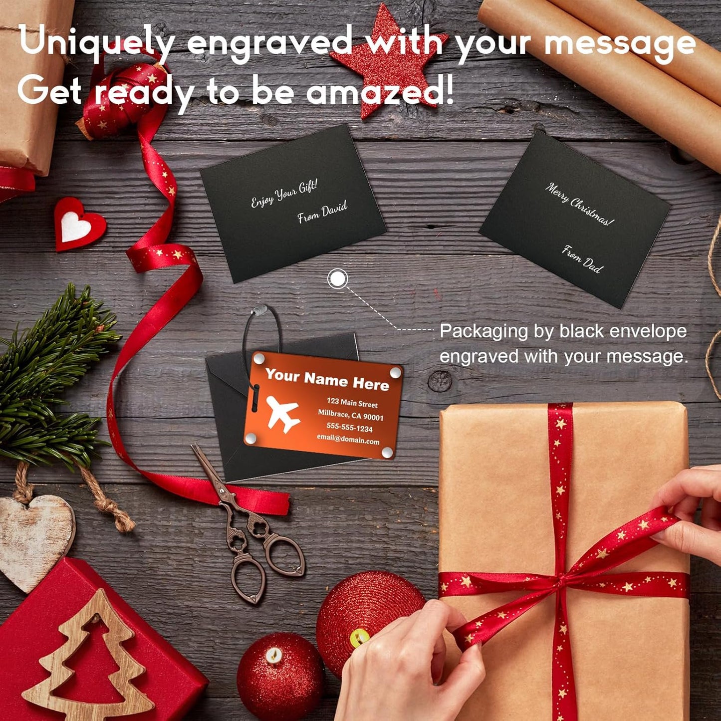 Personalized Luggage Tags: Custom Metal Luggage Tags for Suitcases, Backpacks and Bags with Your Personalized Text (Orange)