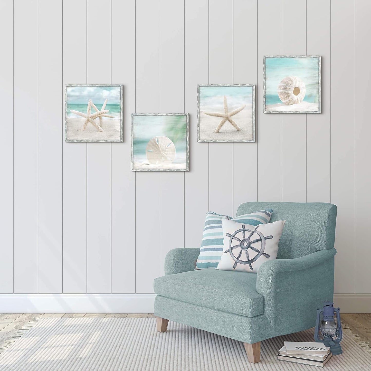 Beach Framed Wooden Wall Art: Coastal Artwork Set of 4 Starfish Seashell & Sand Dollar Pictures Ocean Prints for Home Decor