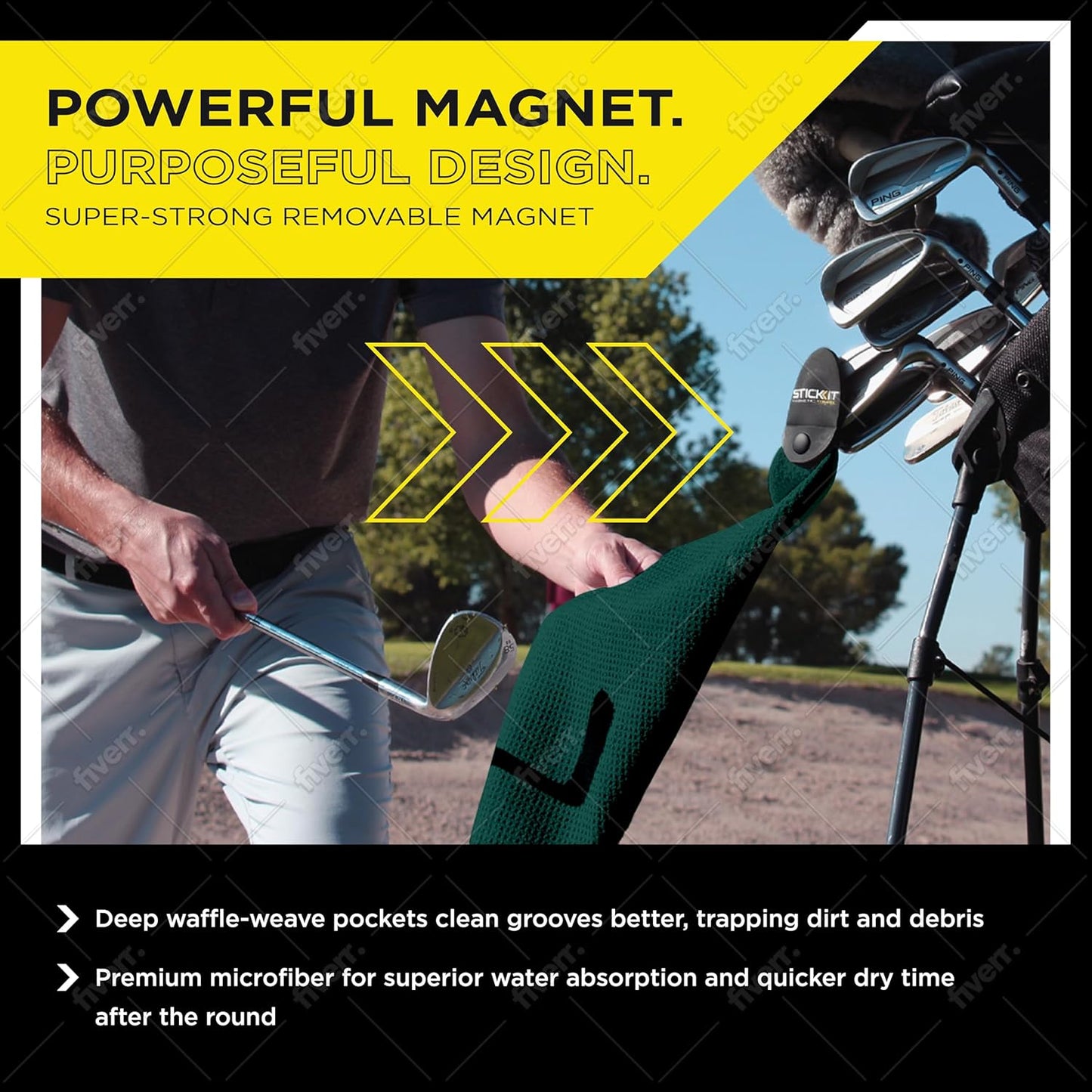 STICKIT Magnetic Golf Towel, Green, Premium 29" Microfiber with Deep Waffle Pockets, Industrial Strength Magnet for Secure Hold to Golf Carts & Clubs, Ultra-Absorbent, Fast-Drying, Easy-Clean Design