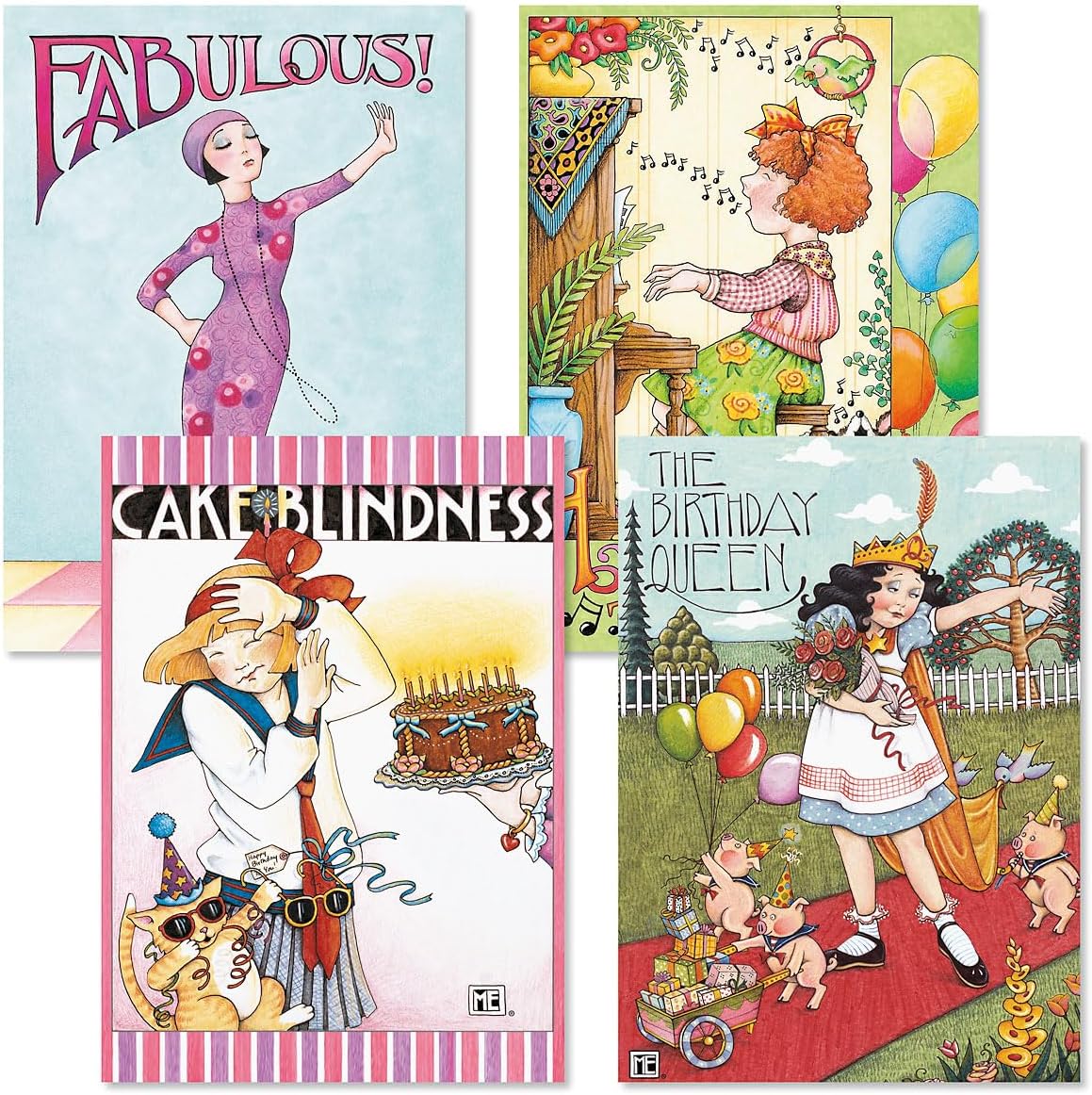 Birthday Cards by Mary Engelbreit - Sets of 8 (2 designs), 5" x 7" cards, and come with white envelopes.