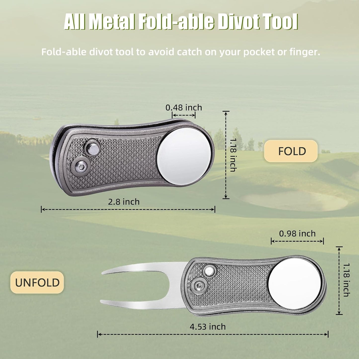 Mile High Life Golf Divot Repair Tool, All Metal Foldable Divot Tool with Pop-up Button & Magnetic Ball Marker