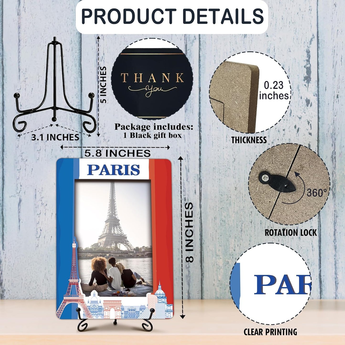 Paris Travel Picture Frame, 5 x 8 Paris Themed Wooden Photo Frame with Stand, Vacation Anniversary Honeymoon Gifts For Friend Family Couples, Home Office Desk Decorations-A19