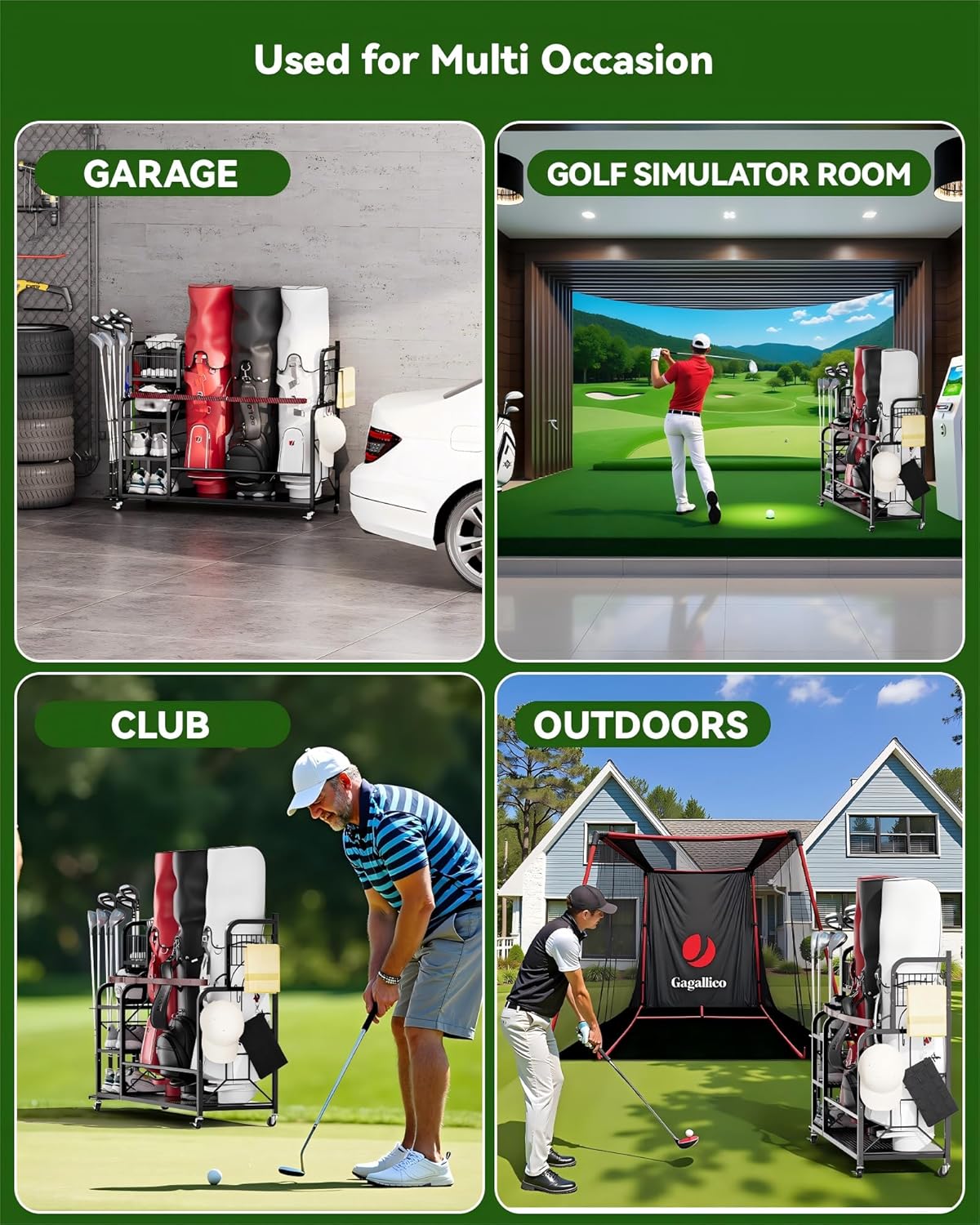 Golf Bag Organizer for 3 Golf Bags, Golf Bag Storage Rack For Garage, Golf Accessories For Men, Extra Large Size Golf Bag Storage Stand Golf Club Holder and Golf Gear Rack, Golf Gifts for Men