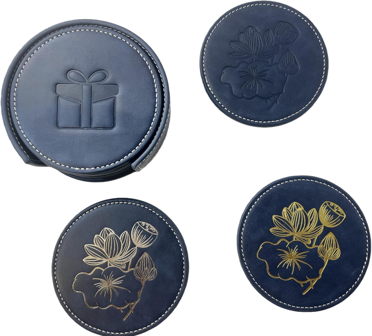 Custom Vintage Coasters Set of 6, Leather Coasters with Holder, Coaster for Office Desk, Non-Slip, Non-Stick, Easy Clean, for Housewarming Gifts, Home Decor, Wooden Table, Coffee Table, Bar (Blue)