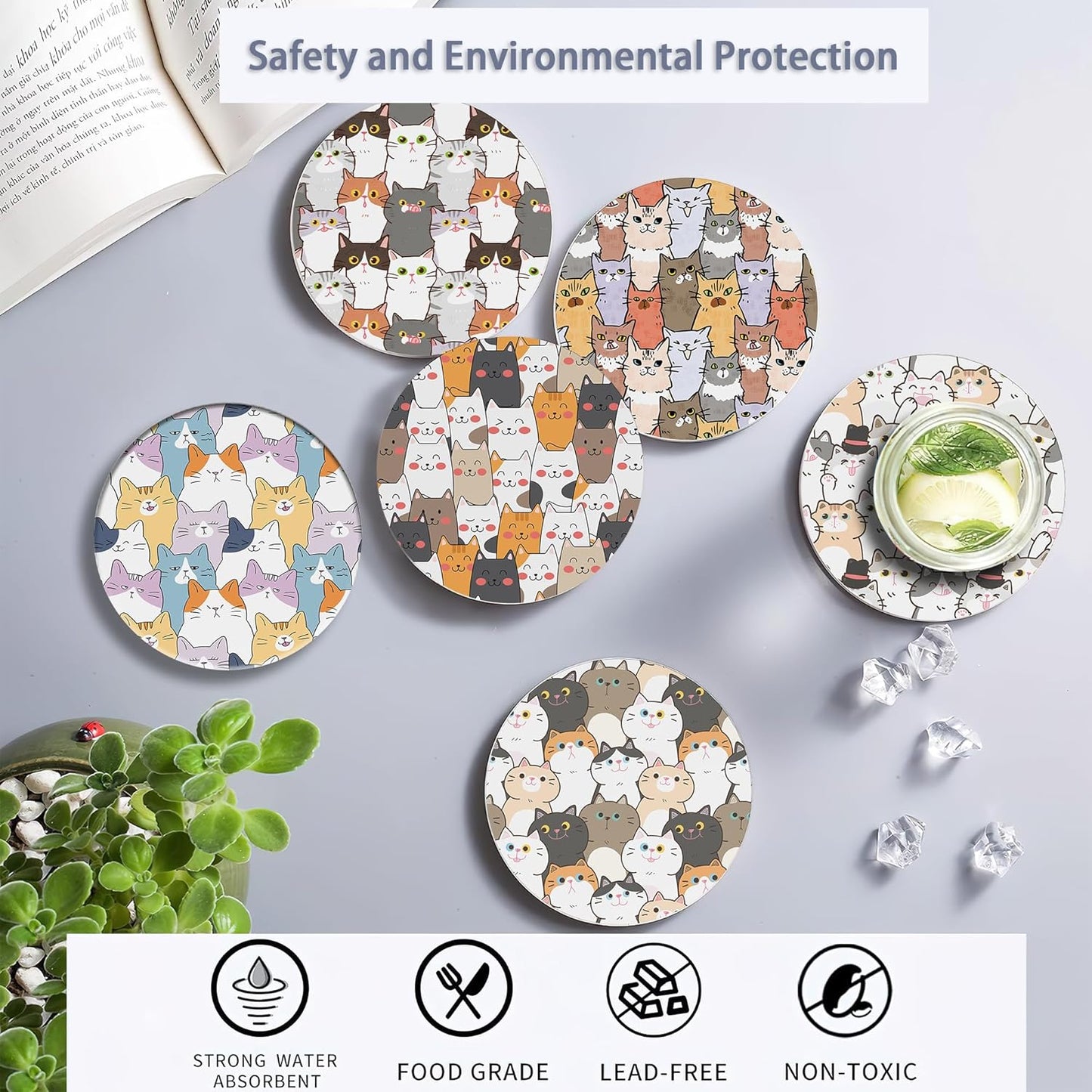 Drink Coasters Set of 6 with Holder, Cute Cats Absorbent Ceramic Coasters with Cork Base,Fit All Cups,Great Gift for Housewarming,Room Decor,Bar,Holiday Party