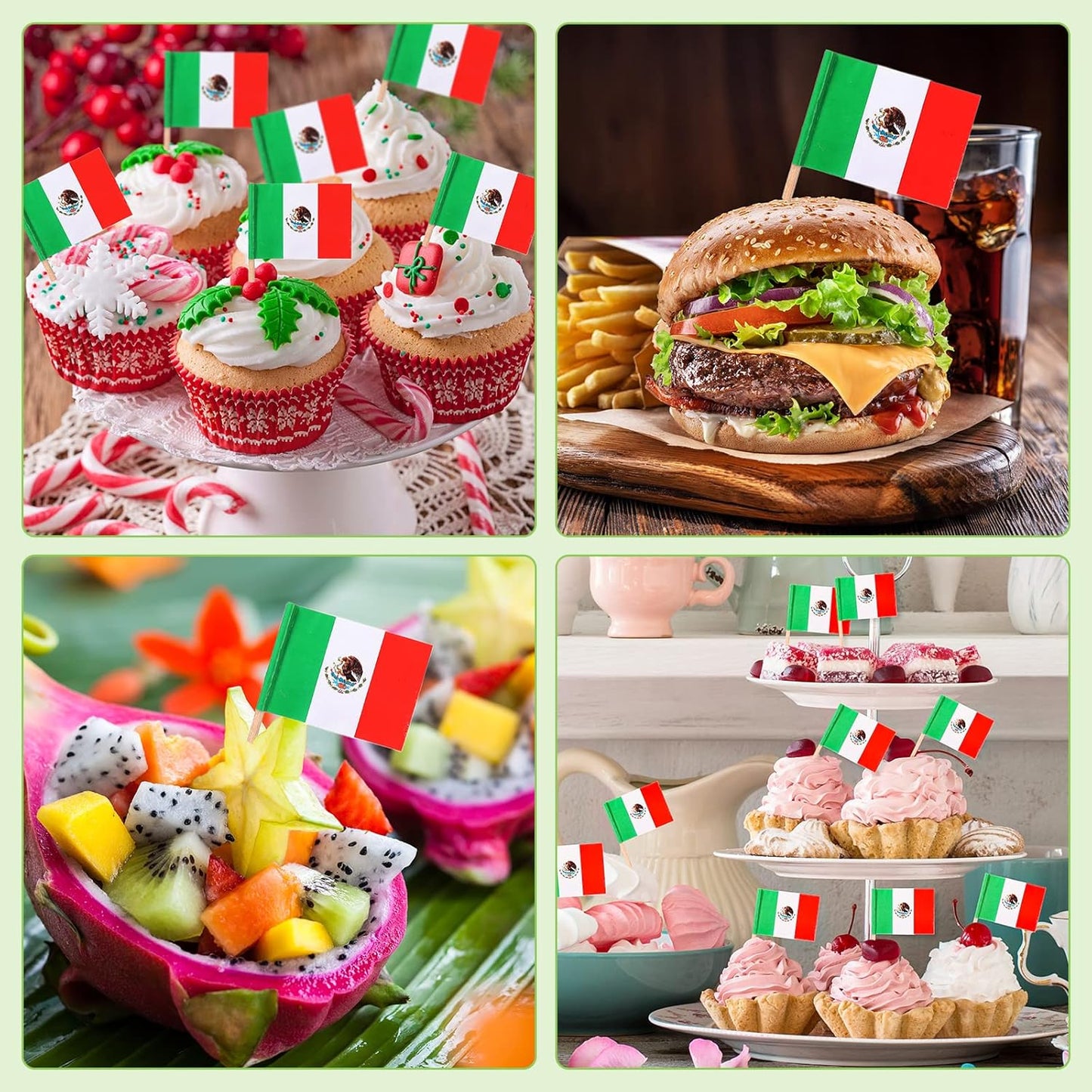 Meanplan 2000 Pcs Mexico Toothpick Flags, Mexican Flag Toothpicks, Cupcake Mexico Toppers, Mini Stick Decorations Food Picks for National Day Party Birthday Cocktail Ice Cream Cake