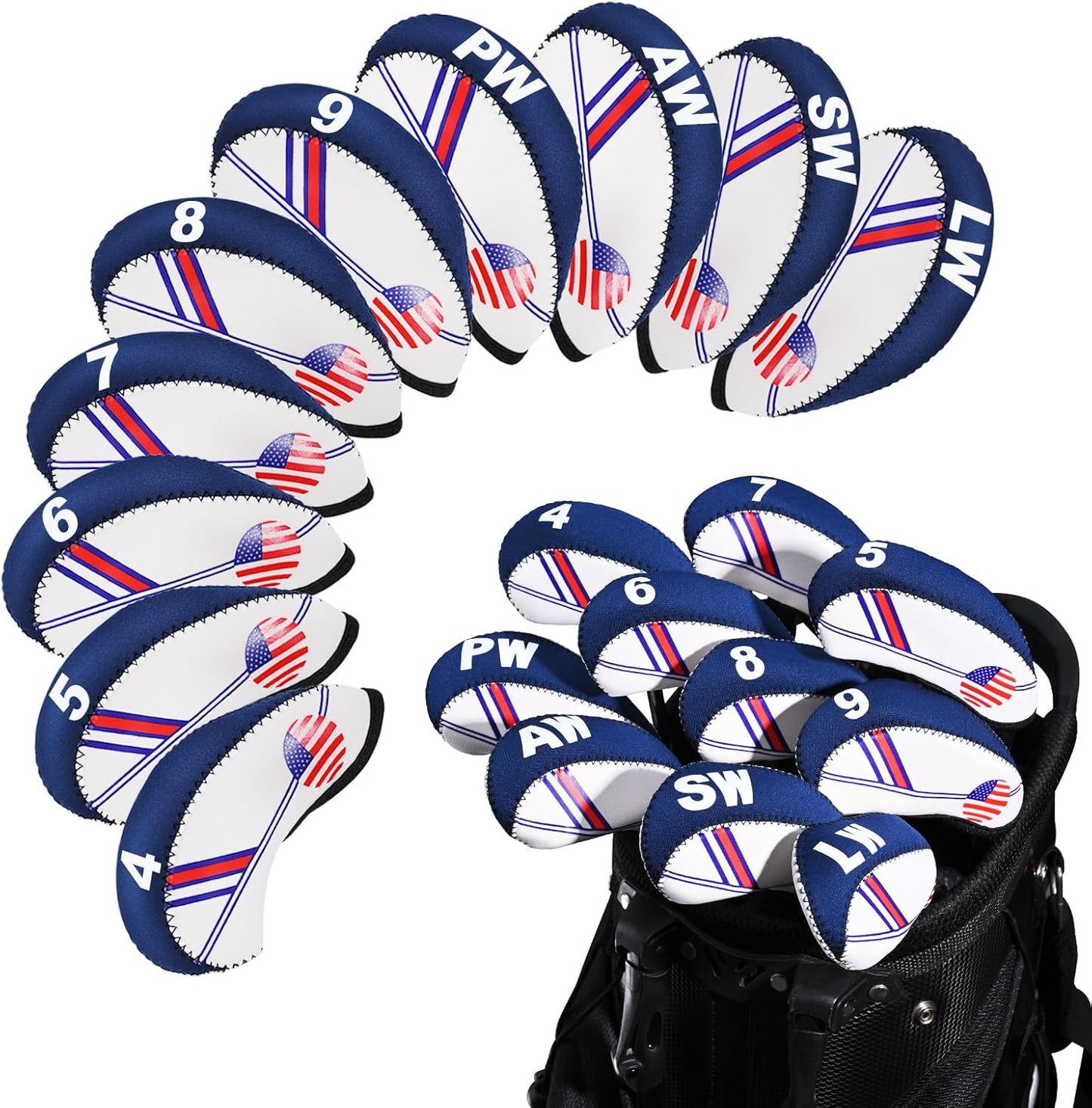 Golf Club Iron Head Covers Set, 10PCS Neoprene USA Flag Design Protective Covers for Irons