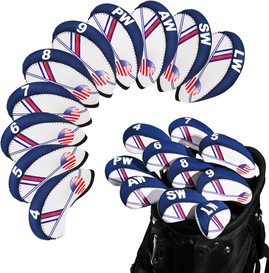 Golf Club Iron Head Covers Set, 10PCS Neoprene USA Flag Design Protective Covers for Irons