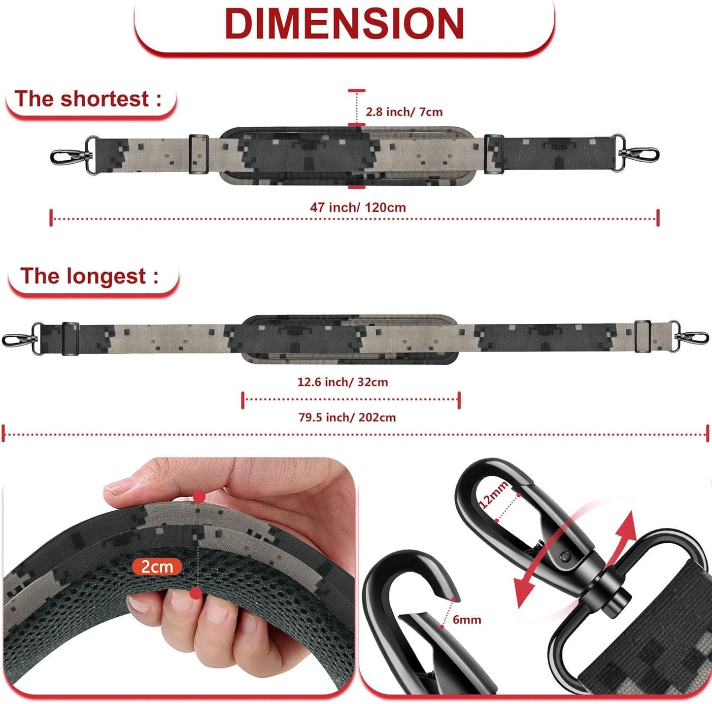 ZINZ 79.5" Universal Strap with Ultra-Thick Fixed Breathable Pad - Adjustable Heavy-Duty Shoulder Strap for Laptop, Crossbody, Luggage, Gym, Camera Bag and More,Camouflage Gray