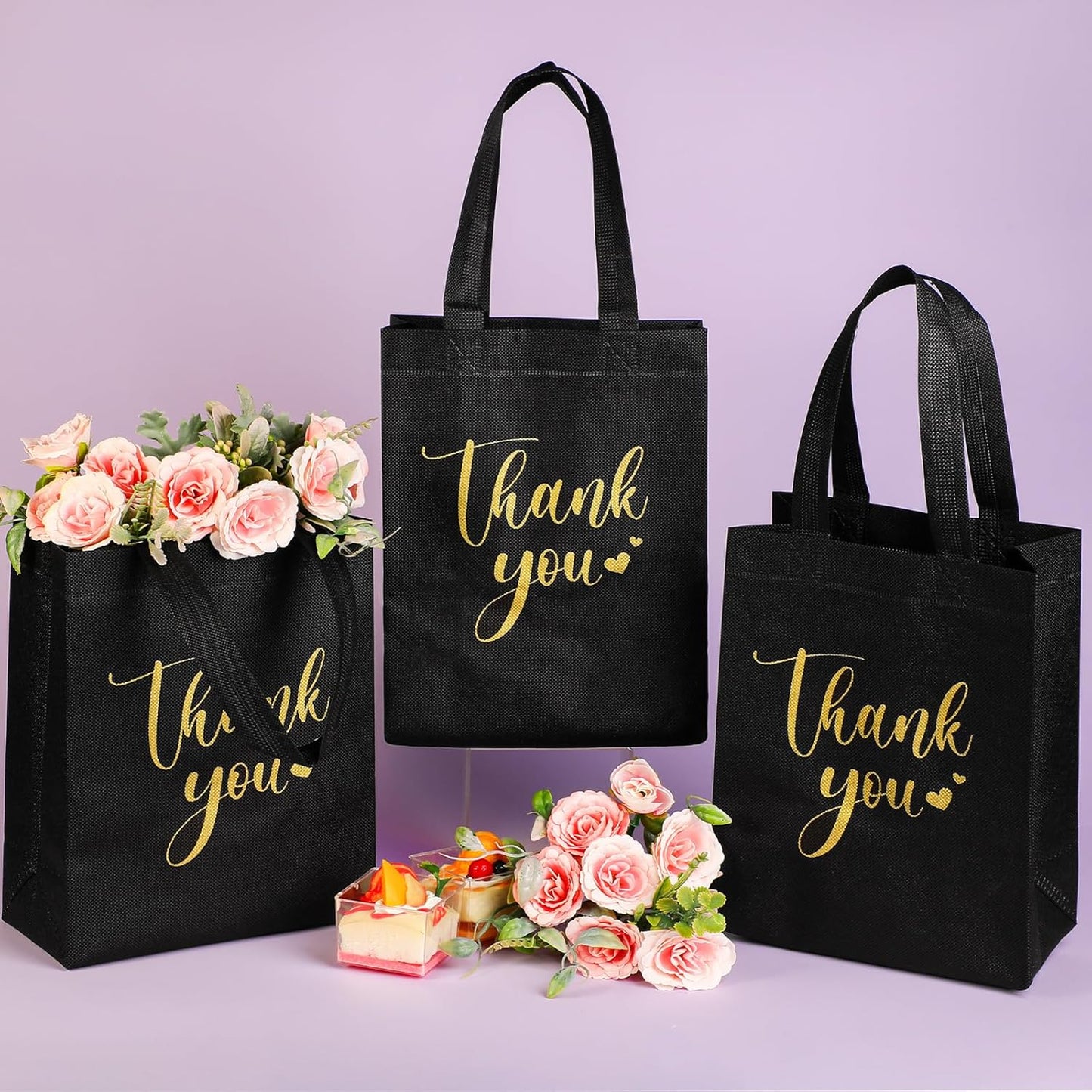 Sweetude 30 Pcs Thank You Gift Bags with Handles Bulk Reusable Goodie Bag Non Woven Foldable Handbag for Graduation Wedding Bridesmaid Gifts(10 x 8 x 4 Inch,Black)
