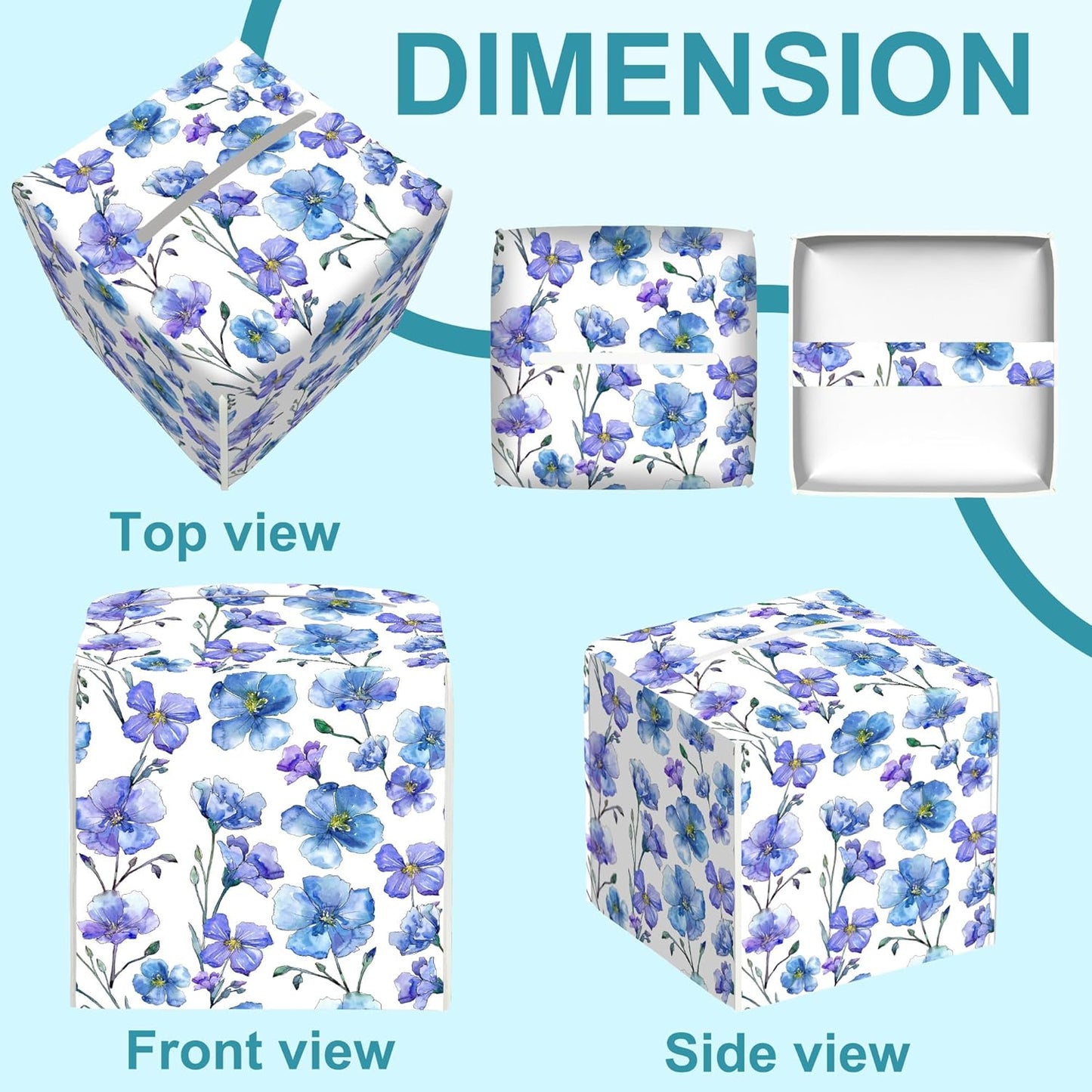 Blue Spring Wildflower Tissue Box Holder,Square Leather Tissue Box Cover with Bottom Belt,Waterproof Modern Napkin Holder Organizer for Bathroom Nightstand Vanity Office Tabletop,5.2" x 5.2" x 5.2"