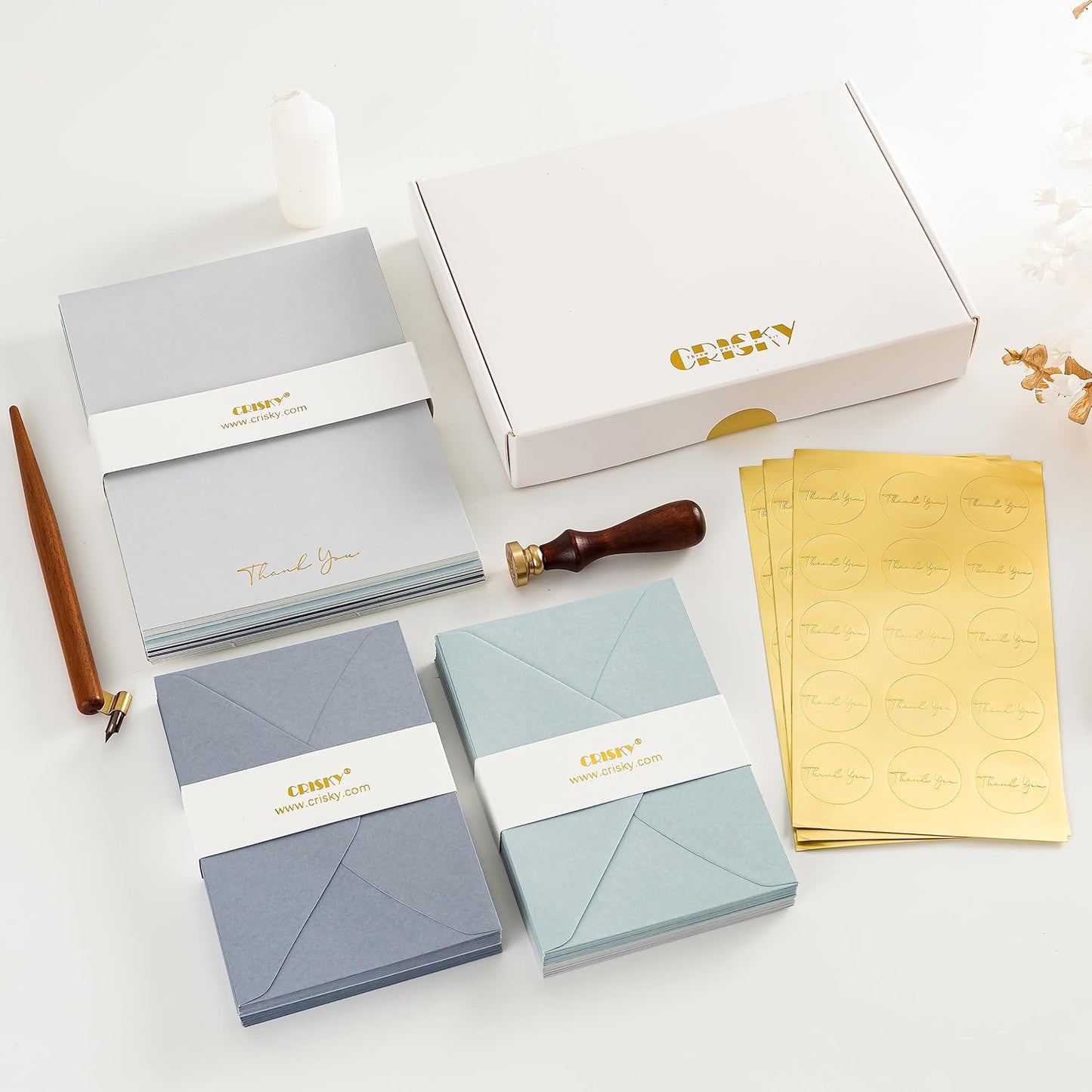 Crisky Dusty Blue Thank You Cards with Envelopes & Stickers， 50 Pack Bridal Shower Graduation Thank You Cards Small Business, Wedding Baby Shower Birthday Funeral Notes Bulk