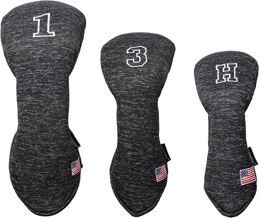 Golf Driver Head Covers 3-Pack for Men & Women - Premium PU Leather with Elephant Embroidery, Double Elastic Band (Driver/Fairway/Hybrid), Waterproof & Durable - White Grey or Black Grey