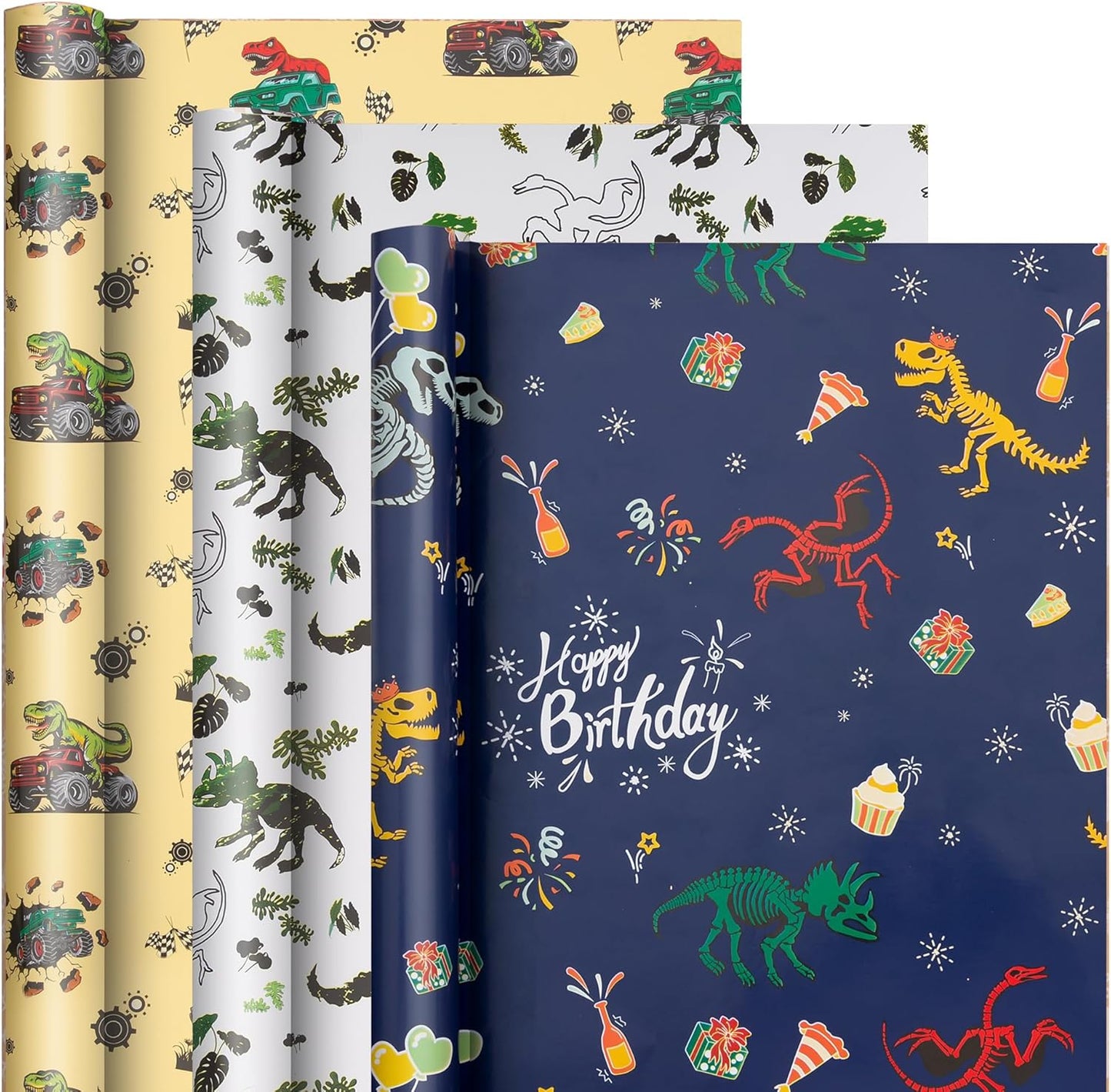 Vnaaem Dinosaur Wrapping Paper Rolls with Cutlines on Reverse - 3 Rolls Birthday Gift Wrap for Kids Boys Girls Dinosaur Party Birthday Gift Wrapping Holiday(17 Inches X 120 Inches)