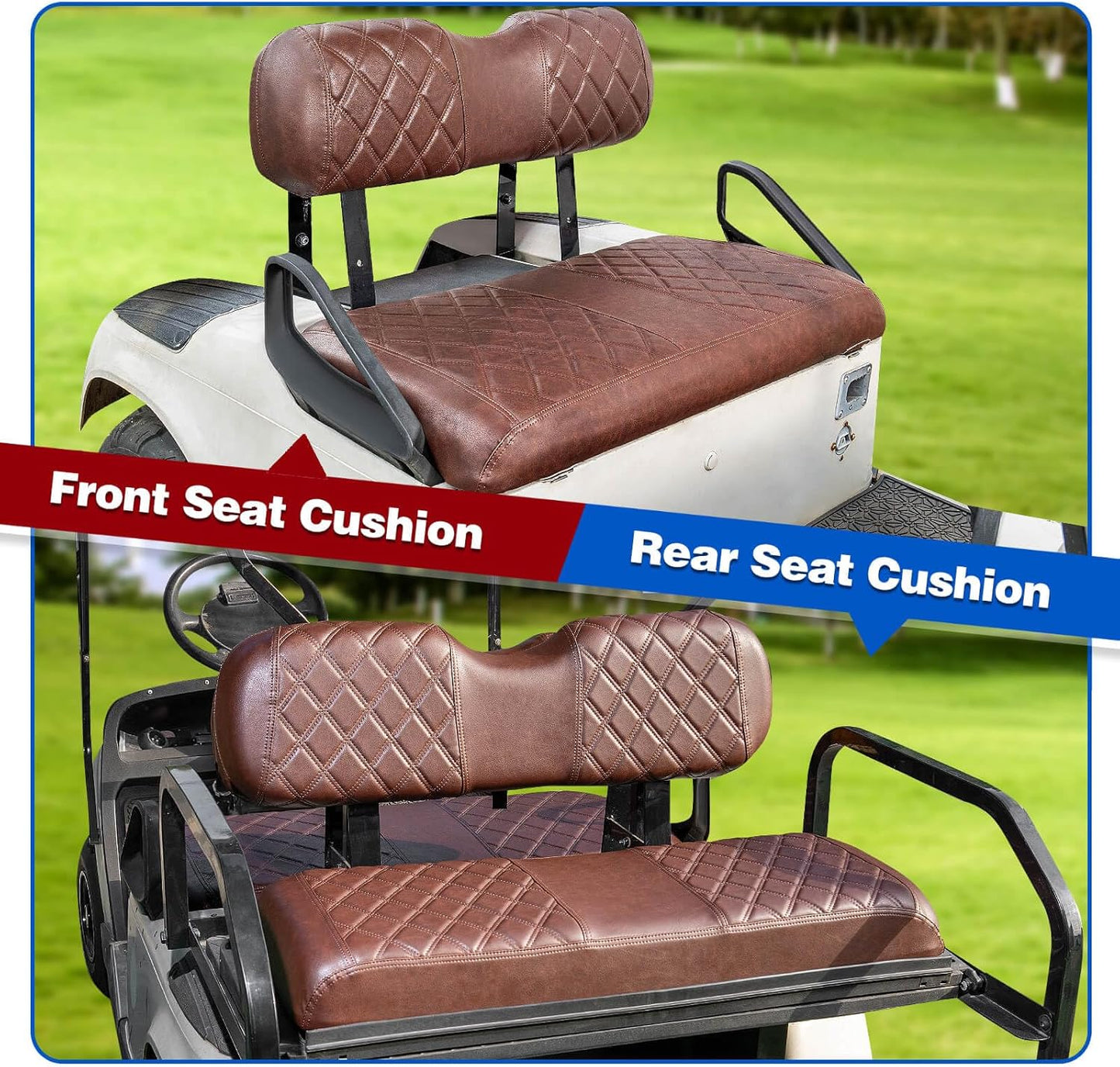 NOKINS 4PCS Golf Cart Diamond Seat Covers Kit, Front&Rear Seat Covers Fits EZGO TXT 1994-2013/EZGO RXV Standard Seat Cushion, EZGO Vinyl Seat Cover Accessories, No Staples(Brown Brown 8438)