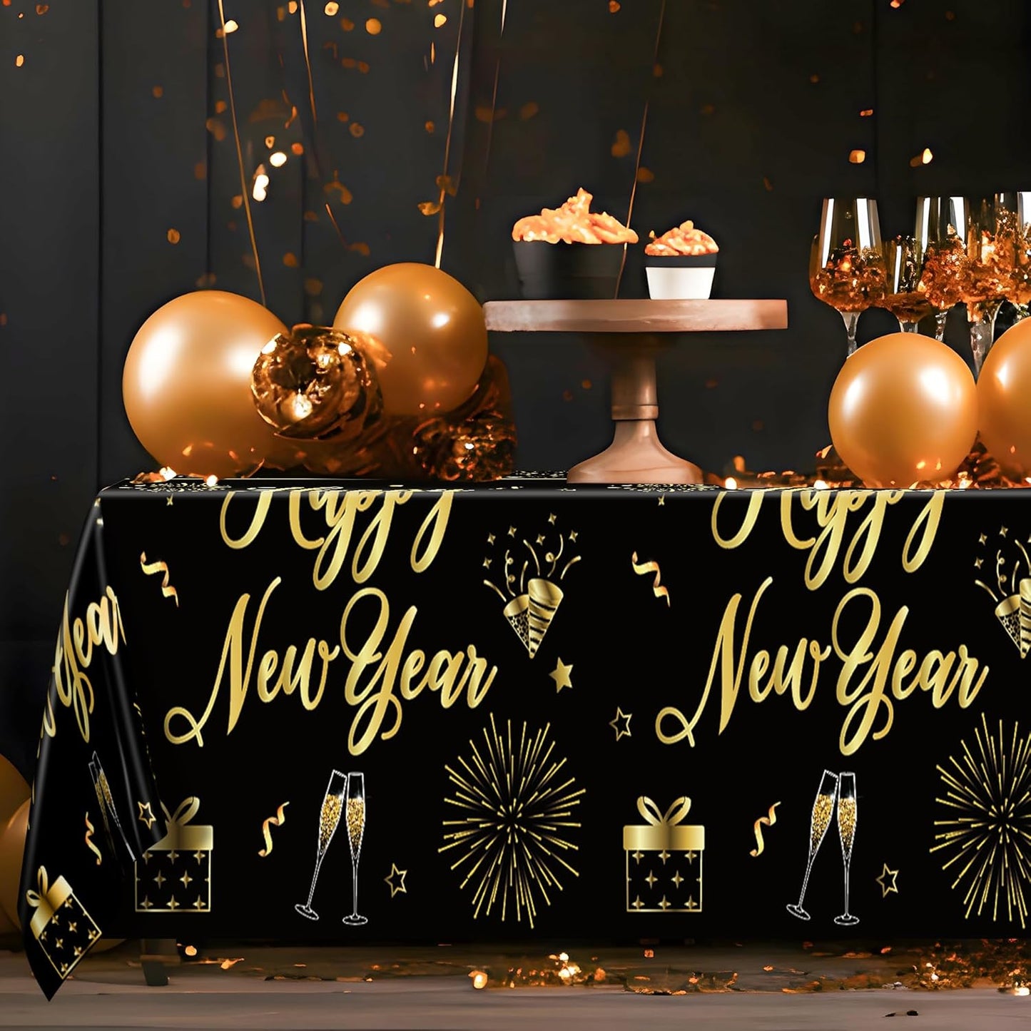 6 Pcs Happy New Year Tablecloth, 108" x 54" Rectangle Table Covers for New Years Eve Party Supplies, Black and Gold Firework Nye Tablecover 2026, Holiday Table Cover for NYE Party Supplies 2026 Decor