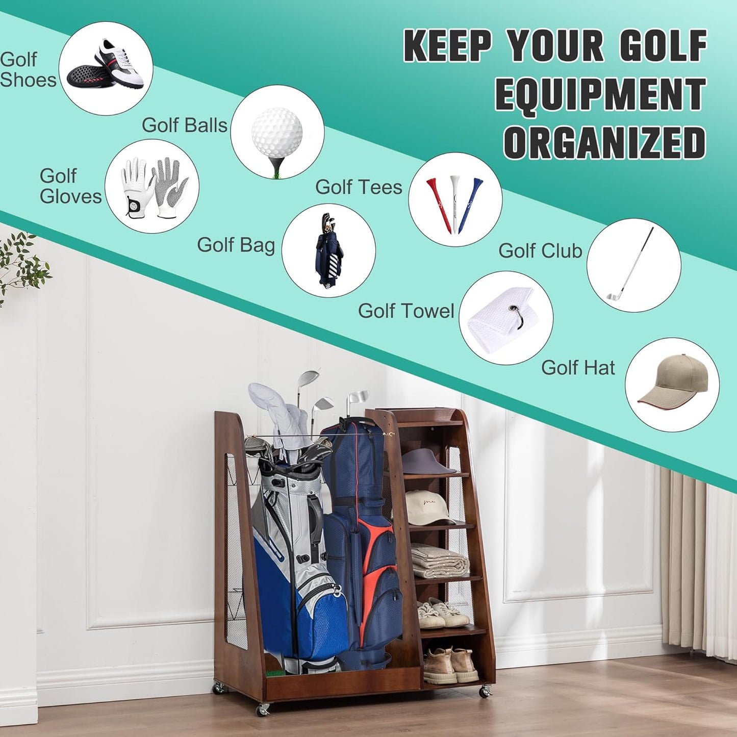 Wooden Golf Bag Organizer and Storage Rack, Wooden 2 Golf Bag Rack with Drawers, Easy to Assemble Golf Club Holder/Stand with Club Holders on Side