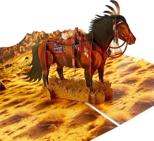 3D Native American Horse Pop-Up Card – Handmade Cultural Paper Art for Birthday, Anniversary, Christmas, Father’s Day – Unique Gift for Him, Her, Dad, Horse Lovers, Western & Native Art Fans