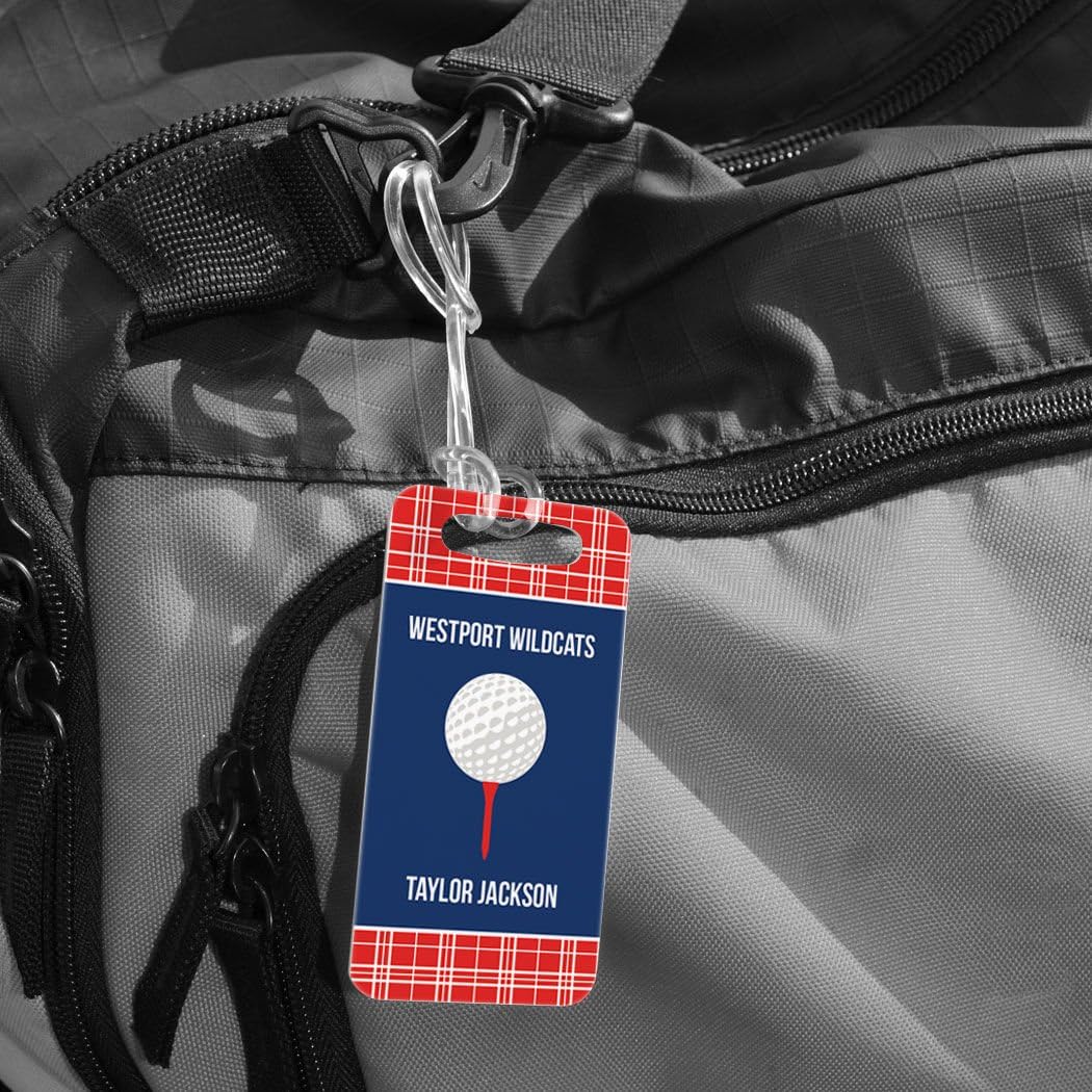 ChalkTalkSPORTS Golf Luggage & Bag Tag | Personalized Team with Golf Ball | Standard Lines on Back | Small | Red/Navy
