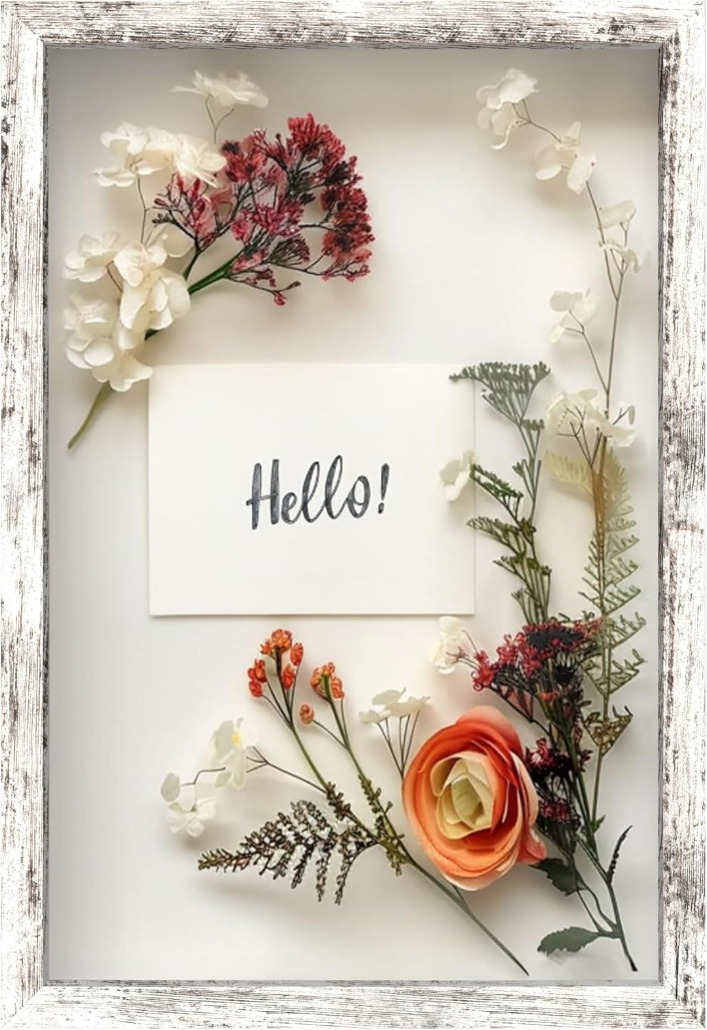 FrameWorks 12" x 18" White Driftwood Wooden Shadow Box Frame – Soft Felt Back, Tempered Glass, and Included Elegant White Ball Push Pins