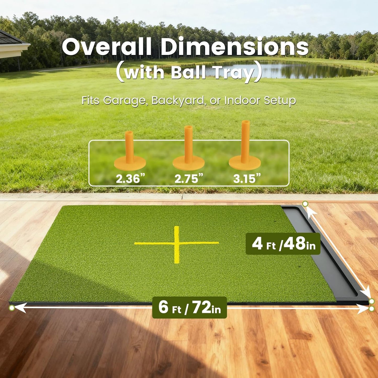 Golf Hitting Mat with Ball Tray, Stance Guide Cross-Line, 5x4ft & 6x4ft, 26mm & 31mm Thickness Green Turf Practice Mats for Indoor Outdoor, for Men, Dad, Husband & Golf Lovers