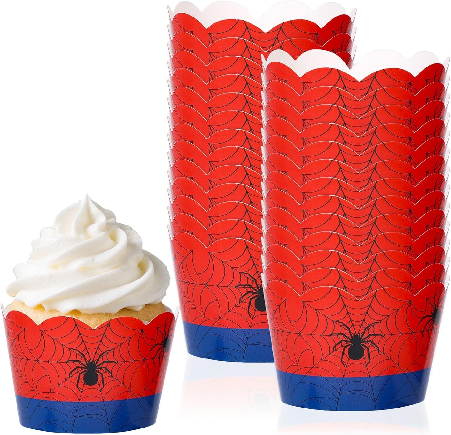 36pcs Spider Cupcake Wrappers, Spider Web Theme Cupcake Liners Paper Cups for Baking Muffin Cakes Ice Cream Dessert Decor Birthday Wedding Supplies (Red, Blue)