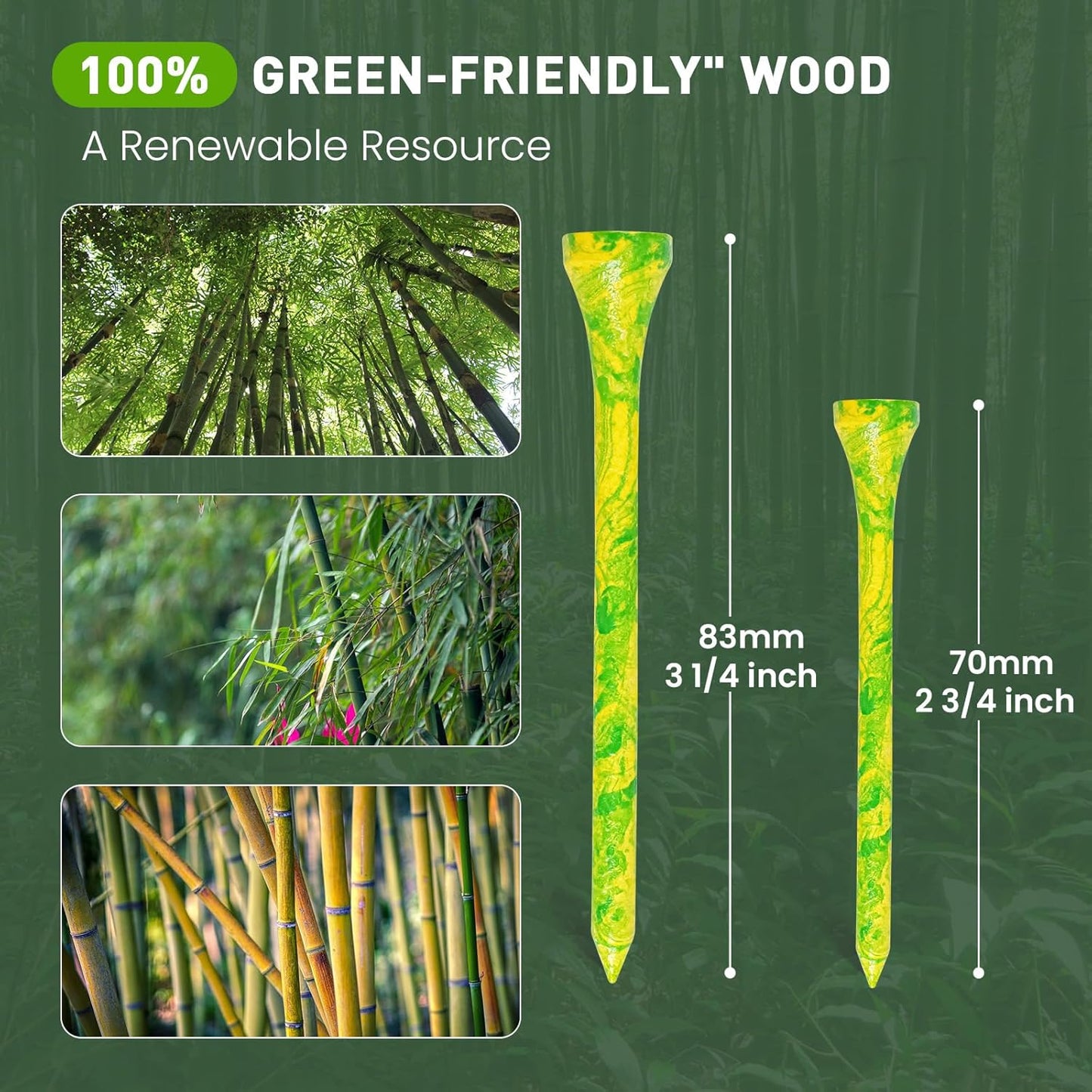 Amy Sport Golf Tees Styllish Bamboo Wooden Coloured Painted Bulk 200 Pack 1 1/2 3 1/4 2 3/4 Inch Tee, Enhanced Visibility Color Purple Pink Green Blue, Practice for Men Women