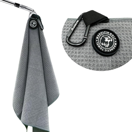 Magnetic Golf Towel with Clip, Microfiber Waffle Design - Industrial Strength Magnet for Strong Hold to Golf Bags, Carts & Clubs - Gray