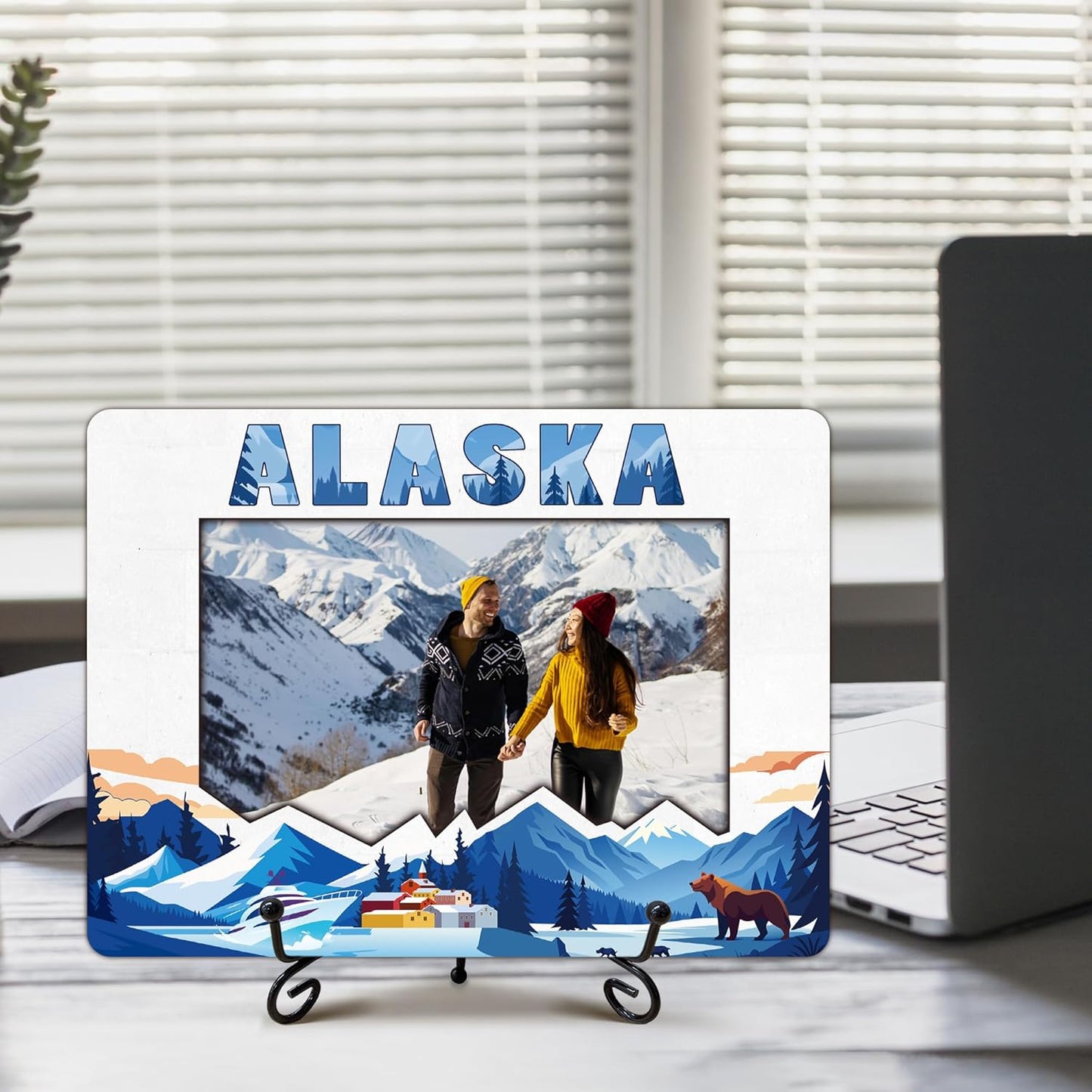 Alaska Photo Frame, 5 x 8 Wooden Picture Frame with Stand, Alaska Vacation Friendship Birthday Love Gifts for Couple Friends Family, Home Office Desk Holiday Decorations-A02