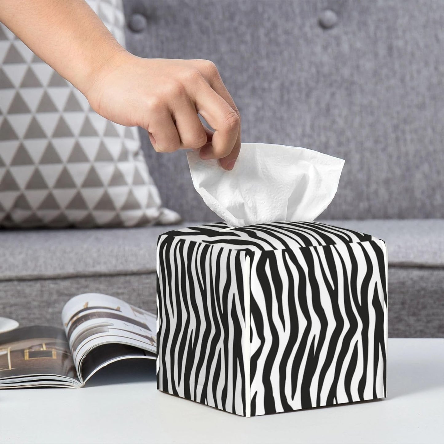 Zebra Stripes Tissue Box Cover Square,Black and White Stripe Tissue Box Holder Waterproof Leather Facial Paper Organizer Dispenser for Bathroom Home Car Nightstand Vanity Desk